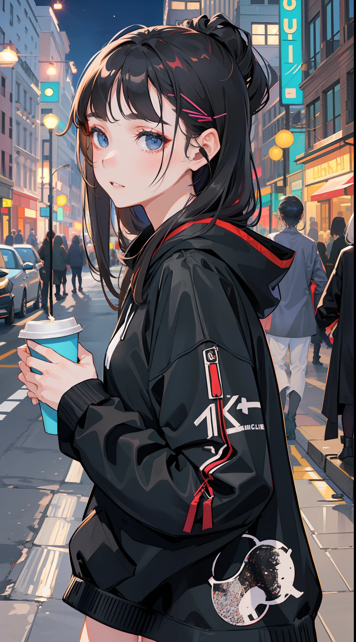 A beautiful girl,  wearing oversize black hoodie, wearing headphone,  holding a cup of coffee,  standing in the middle of the street,  night, (masterpiece), (best quality), (ultra detailed),(disheveled hair),(illustration), (1girl),best lighting