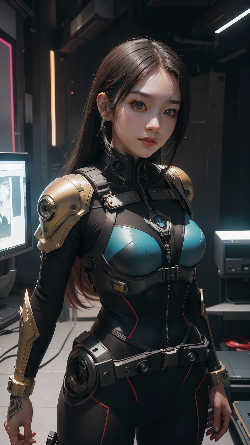 Beautiful hyperrealistic photograph of cute smiling asian cyberpunk female, wearing power armor, cyberpunk armor, combat harness, shapeless cyberpunk hair, elegant pose, cyberpunk street background, abstract beauty, near perfection, pure form, Golden Ratio, minimalism, concept art, By Brian Froud and Carne Griffiths and Wadim Kashin, intricate detail, 8k post-production, High resolution, super Detail, trending on ArtStation, sharp focus, studio photos, intricate detail, Very detailed, By Greg Rutkowski