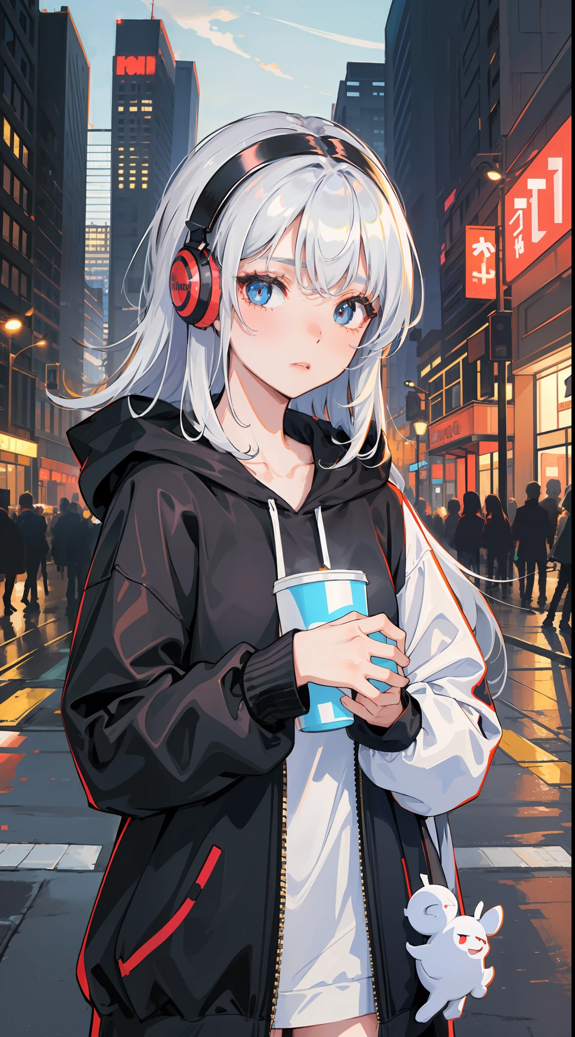 A beautiful girl, wearing oversize black hoodie, wearing headphone, holding a cup of coffee, standing in the middle of the street, night, (masterpiece), (best quality), (ultra detailed),(disheveled hair),(illustration), (1girl),best lighting