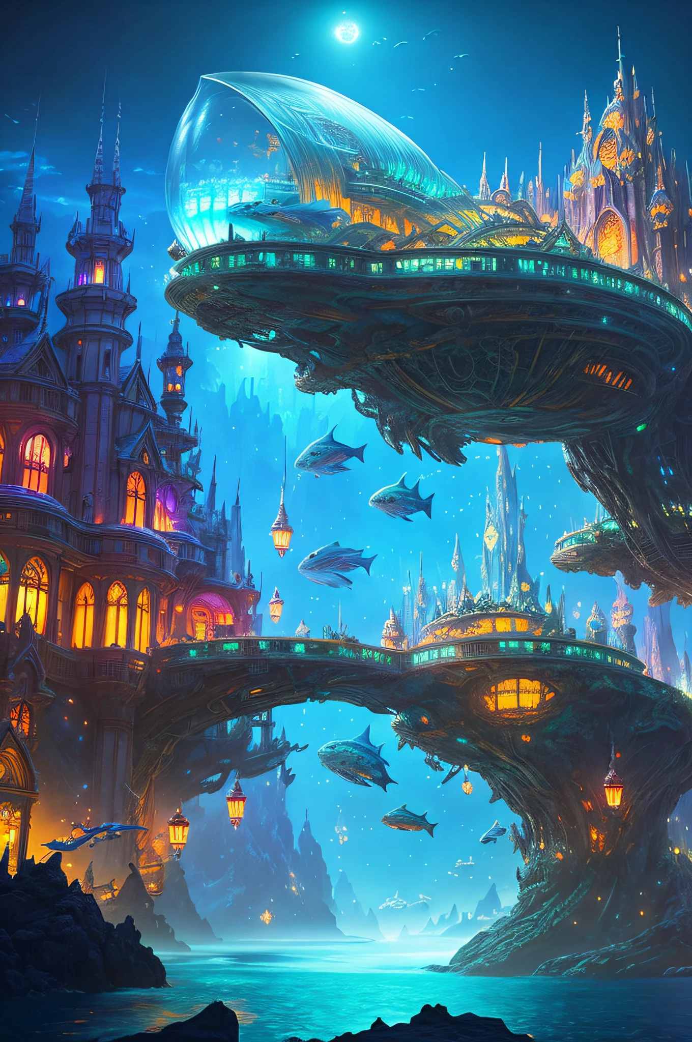 Fantasy concept art, a transparent building as a huge aquarium with fish at night, beautiful light decoration, wide angle lens, 8k octane rendering, realistic, epic shots, movie lighting, detailed architecture, detailed fish, brilliant and colorful