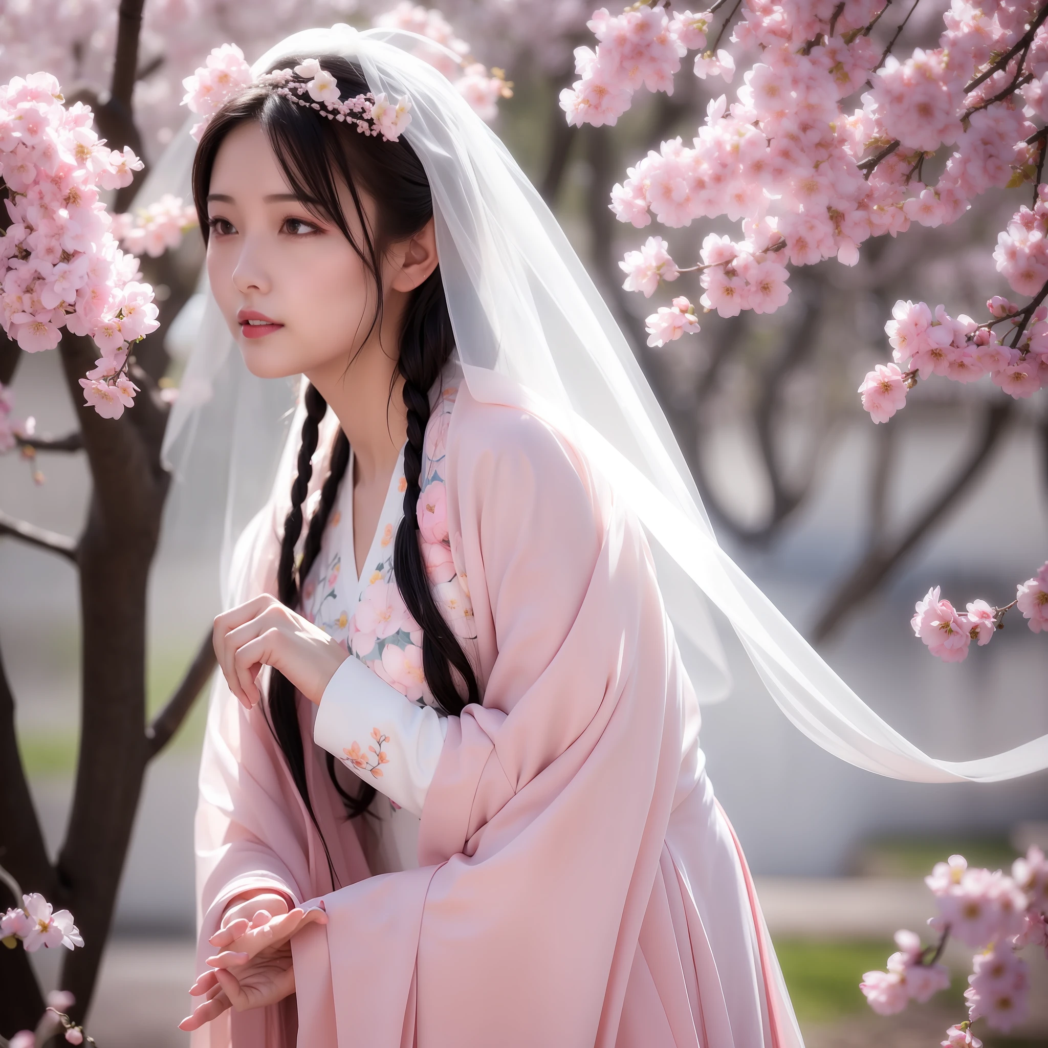 best quality, ultra high res, (photorealistic:1.8), 1girl, blue_sky, blurry, blurry_background, blurry_foreground, branch, bridal_veil, bride, cherry_blossoms, chinese_clothes, curtain_grab, curtains, day, depth_of_field, flower, hanami, hanfu, lips, long_hair, outdoors, parted_lips, petals, pink_flower, pink_theme, plum_blossoms, shawl, solo, solo_focus, spring_\(season\), tree, upper_body, veil, wedding, wedding_dress, wisteria,side face,chin down