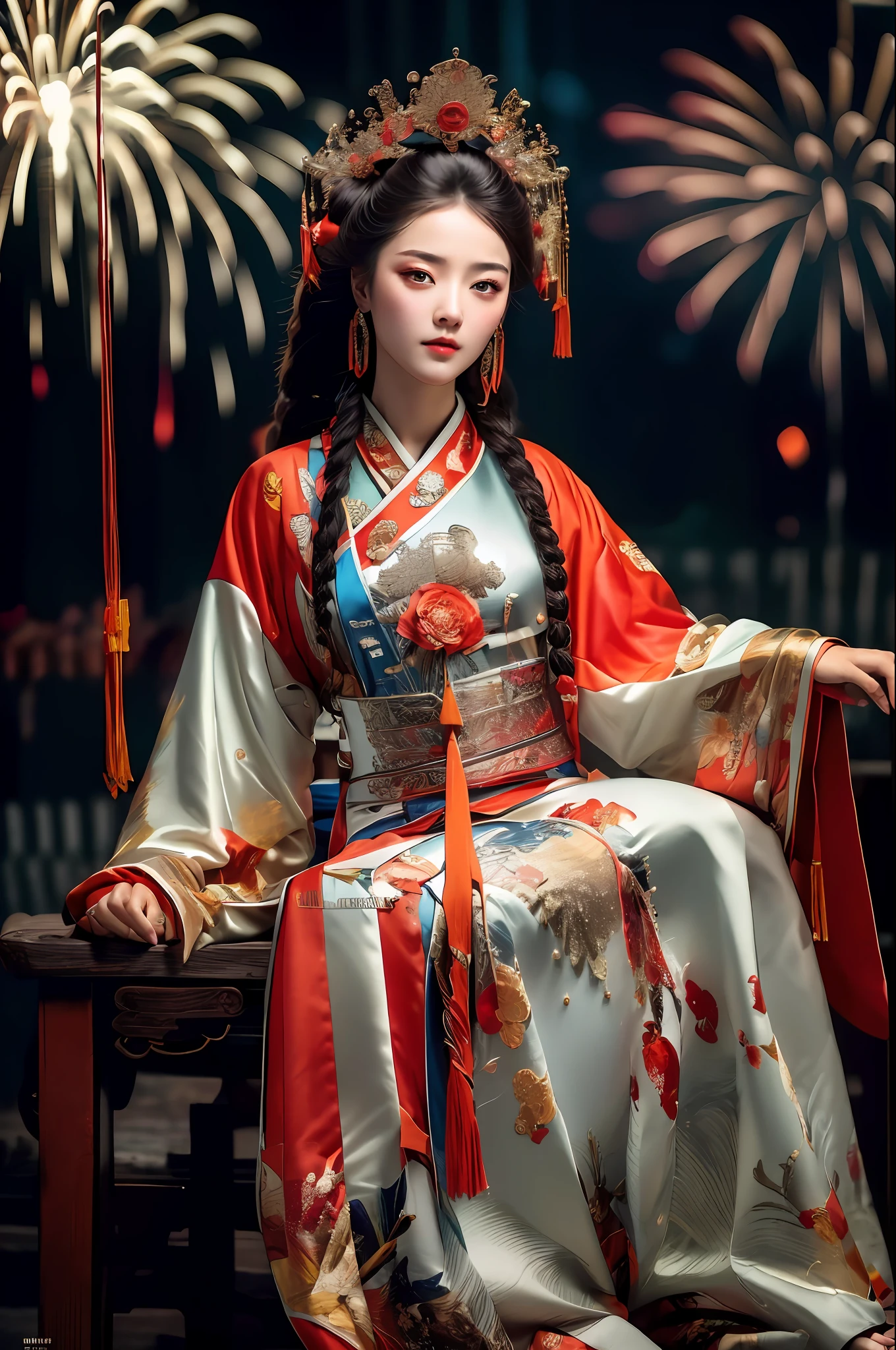 masterpiece,(best quality:1.3),ultra high res,raw photo,detailed skin,beautiful lighting,(realistic, photo-realistic:1.4),
1girl,guofeng,full body,(Fireworks background:1.2),Professional stage light,