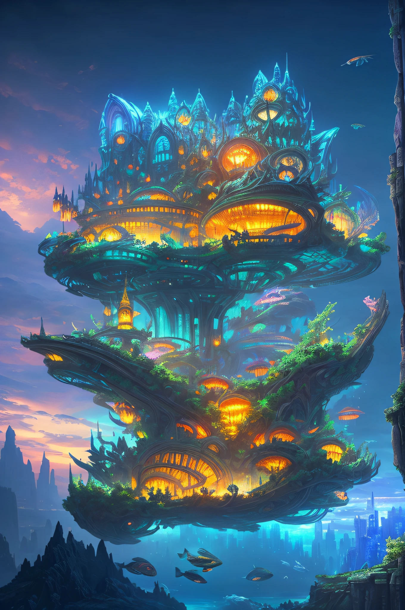 Fantasy concept art, a transparent building as a huge aquarium with fish at night, beautiful light decoration, wide angle lens, 8k octane rendering, realistic, epic shots, movie lighting, detailed architecture, detailed fish, brilliant and colorful
