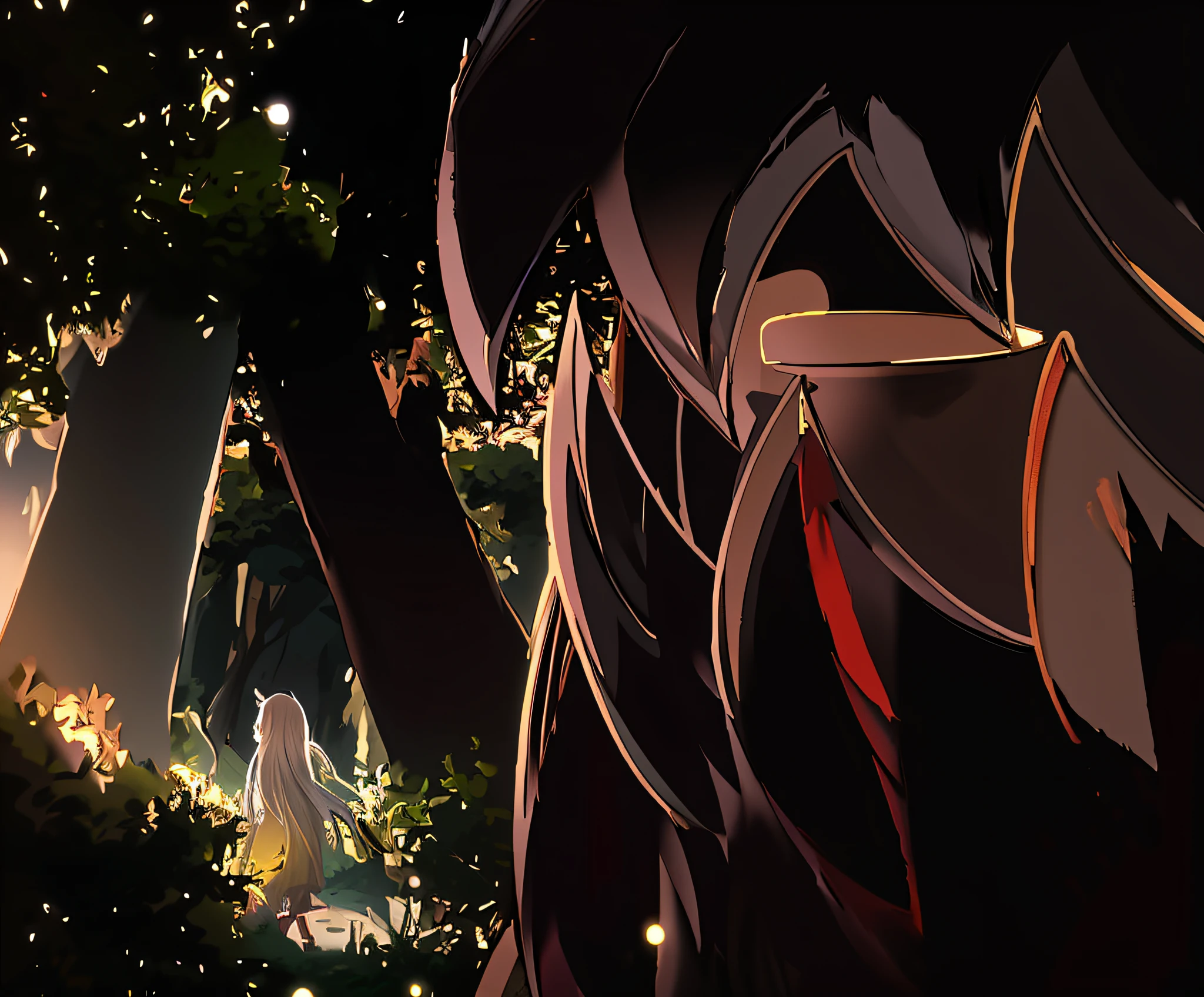 anime scene of a woman with a sword in a forest, background art, anime lush john 8k woods, background artwork, official art, in a corrupted forest, official artwork, night!, screenshot from the anime film, profile picture 1024px, from cryptid academia, animation still, animation film still, loish |, dreamy psychedelic anime, keyframe --auto --s2