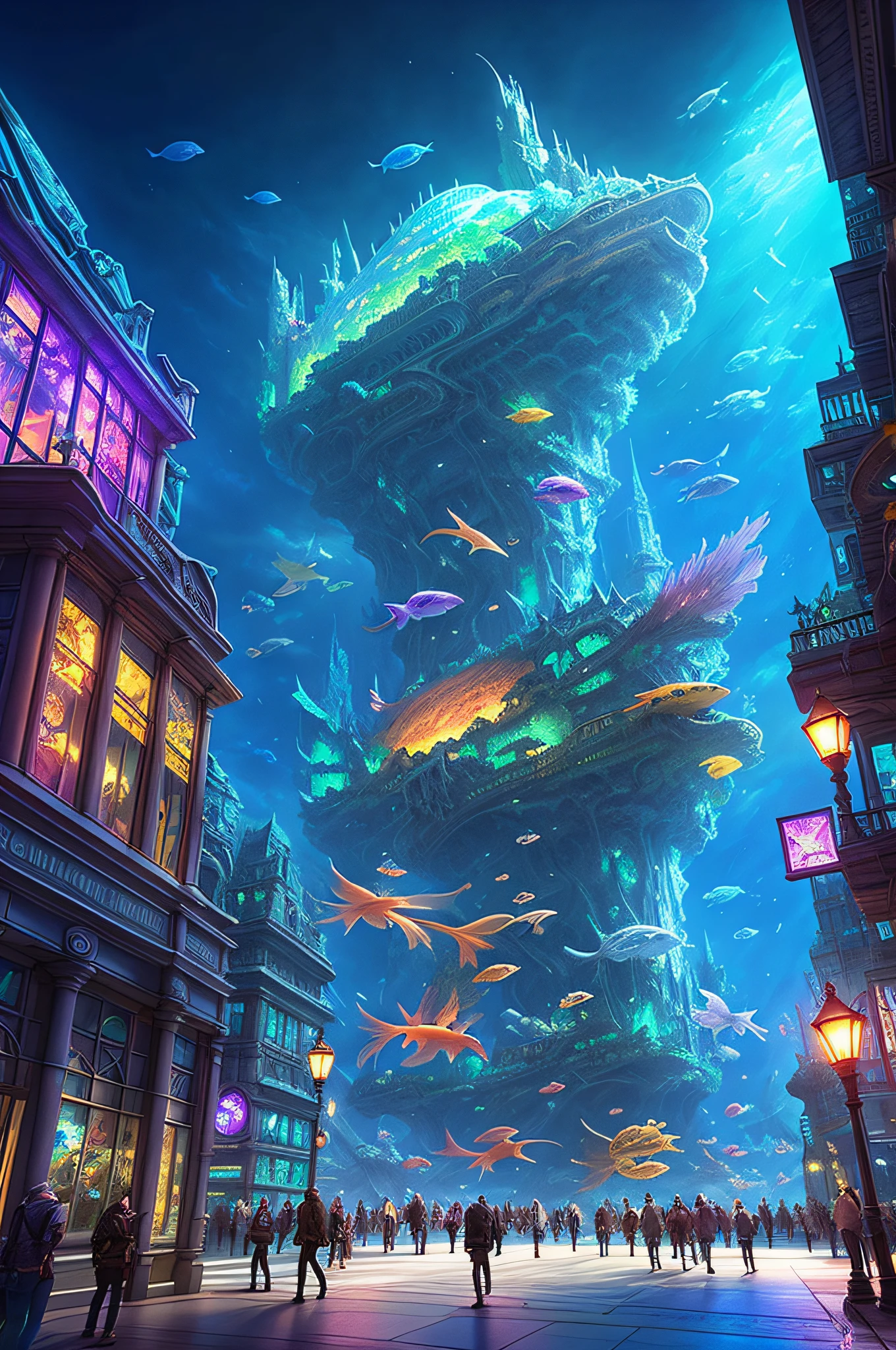 Fantasy concept art, a transparent building as a huge aquarium with fish at night, beautiful light decoration, wide angle lens, 8k octane rendering, realistic, epic shots, movie lighting, detailed architecture, detailed fish, brilliant and colorful