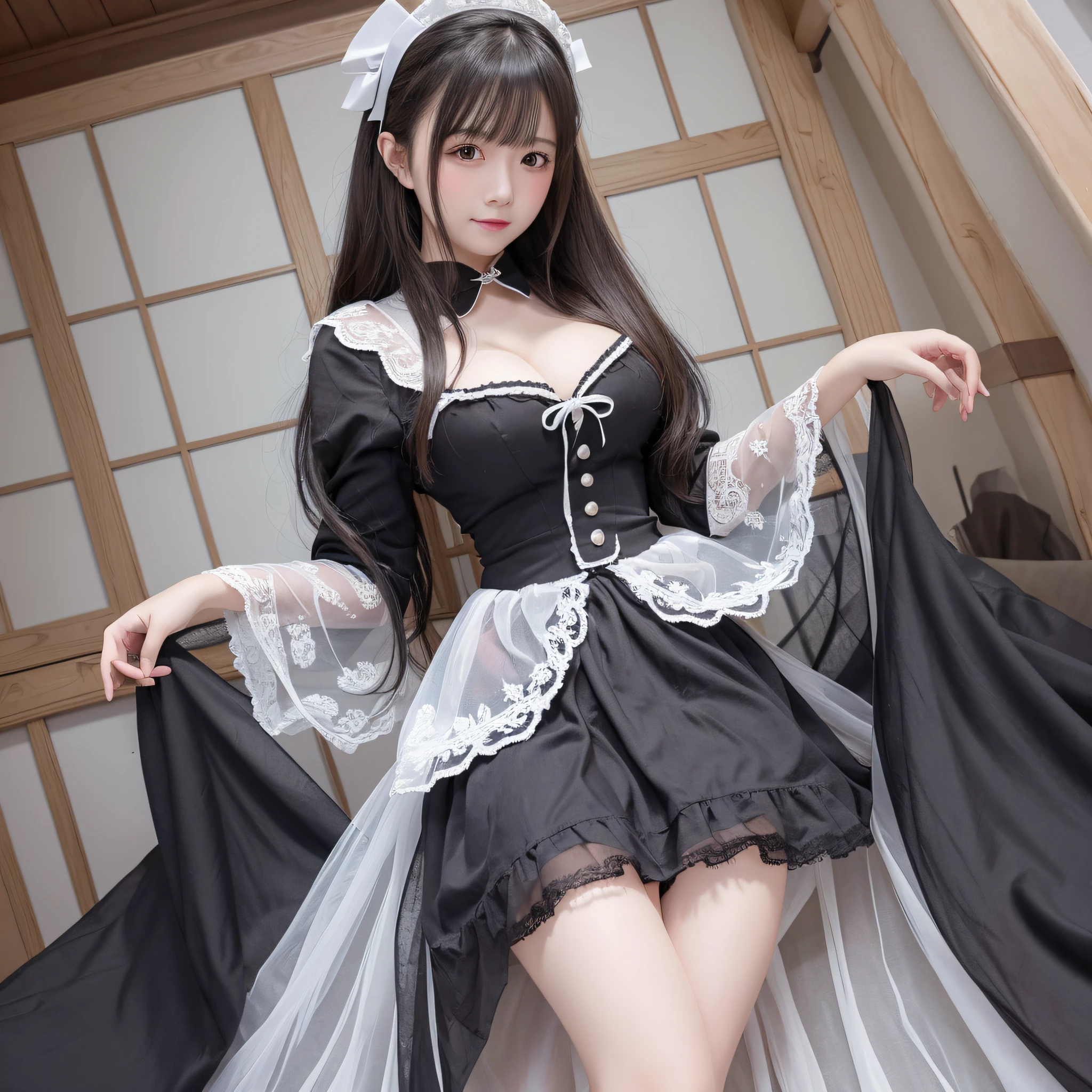 Masterpiece, best quality, 1 girl, full body photo, clean line drawing, black hair, long hair, looking at the audience, maid outfit, busty figure, 4K quality