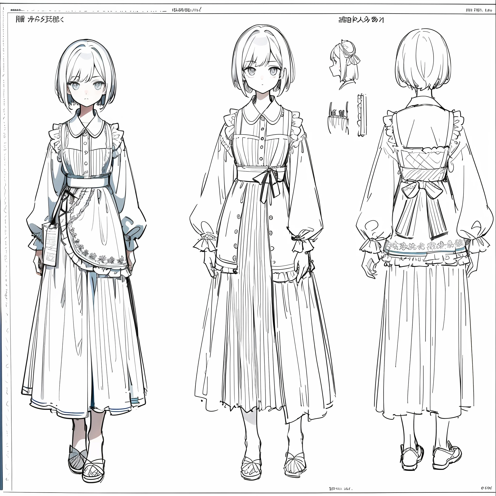 (masterpiece, best quality) detailed, girl, drawing reference, reference, lineart, sketch, short hair, (character design sheet, same character, front, side, back) sleeping clothes
