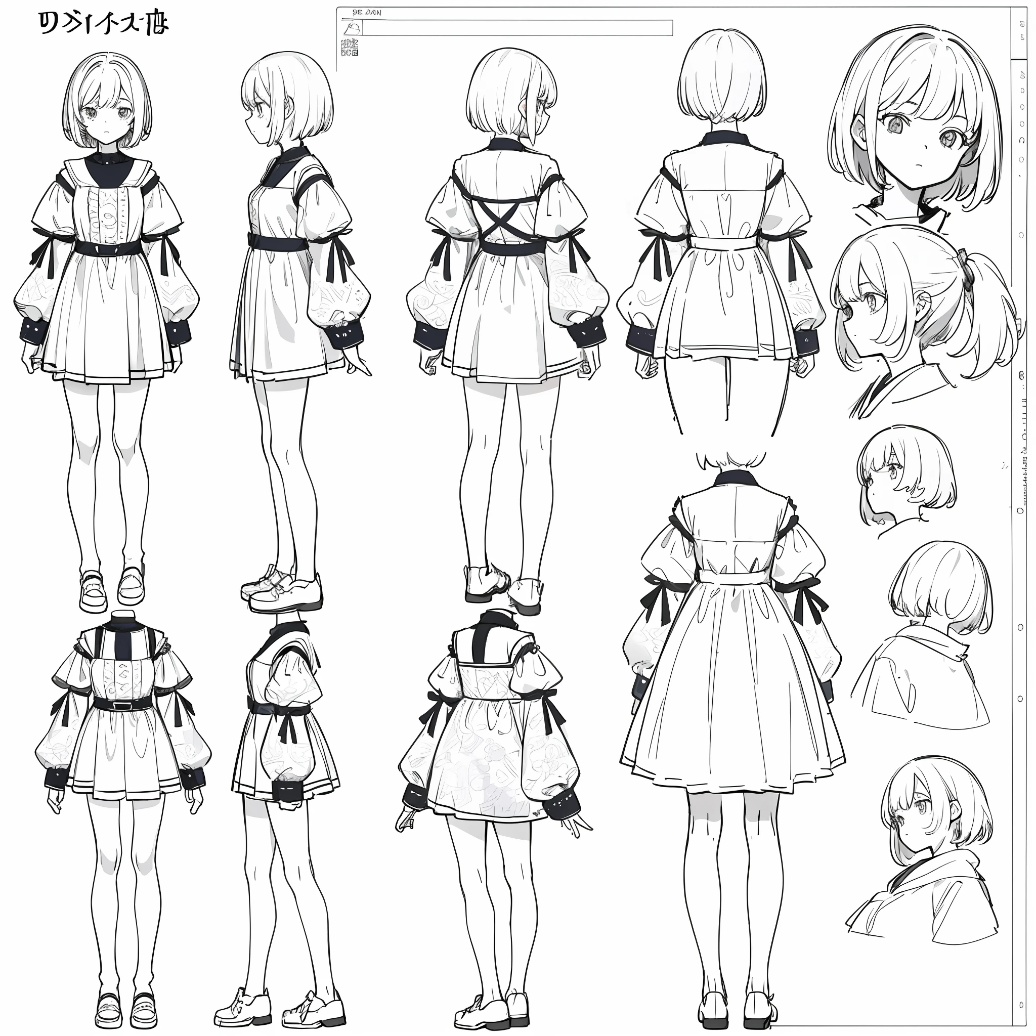 (masterpiece, best quality) detailed, girl, drawing reference, reference, lineart, sketch, short hair, (character design sheet, same character, front, side, back) sleeping clothes