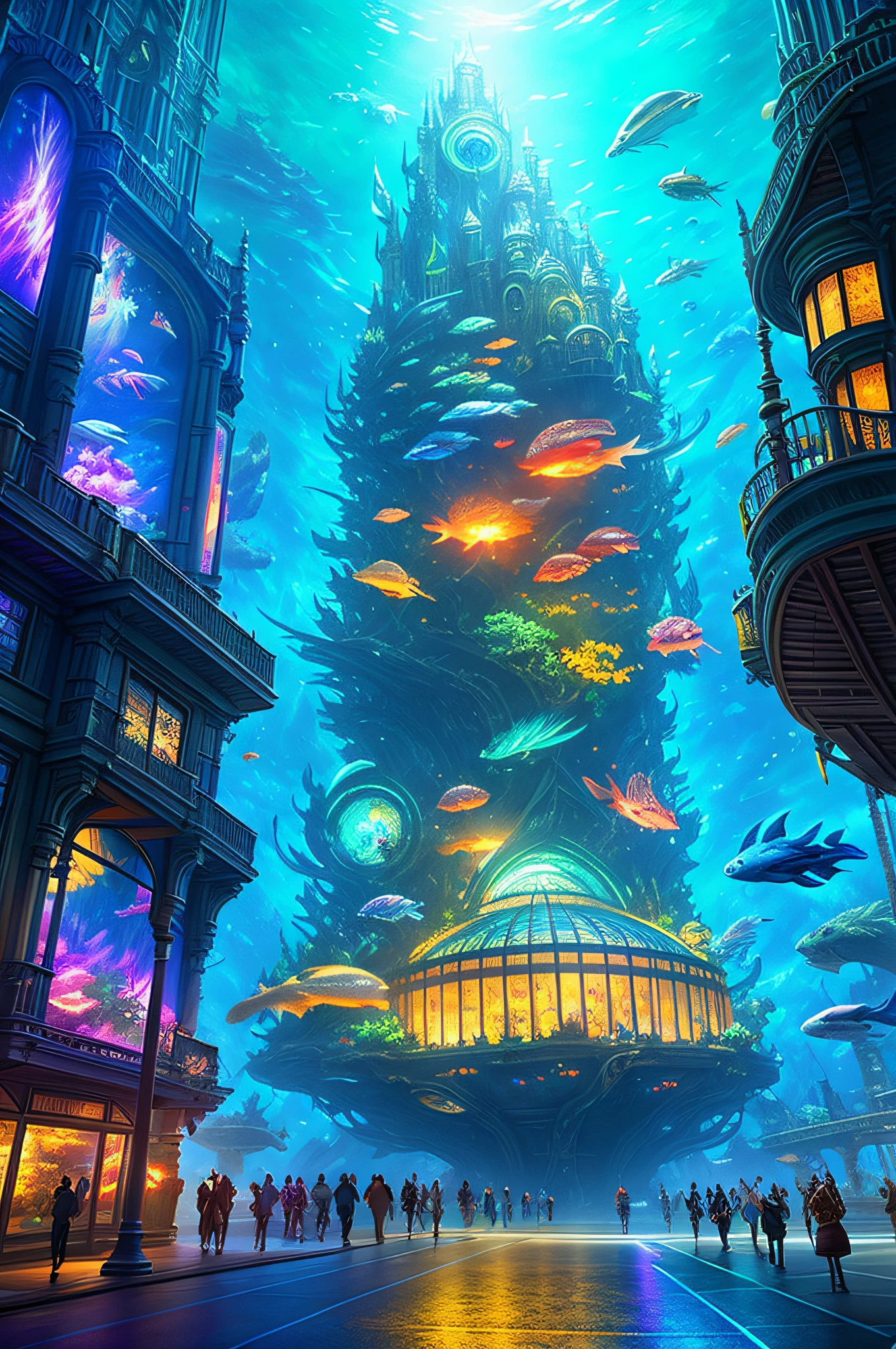 Fantasy concept art, a transparent building as a huge aquarium with fish at night, beautiful light decoration, wide angle lens, 8k octane rendering, realistic, epic shots, movie lighting, detailed architecture, detailed fish, brilliant and colorful