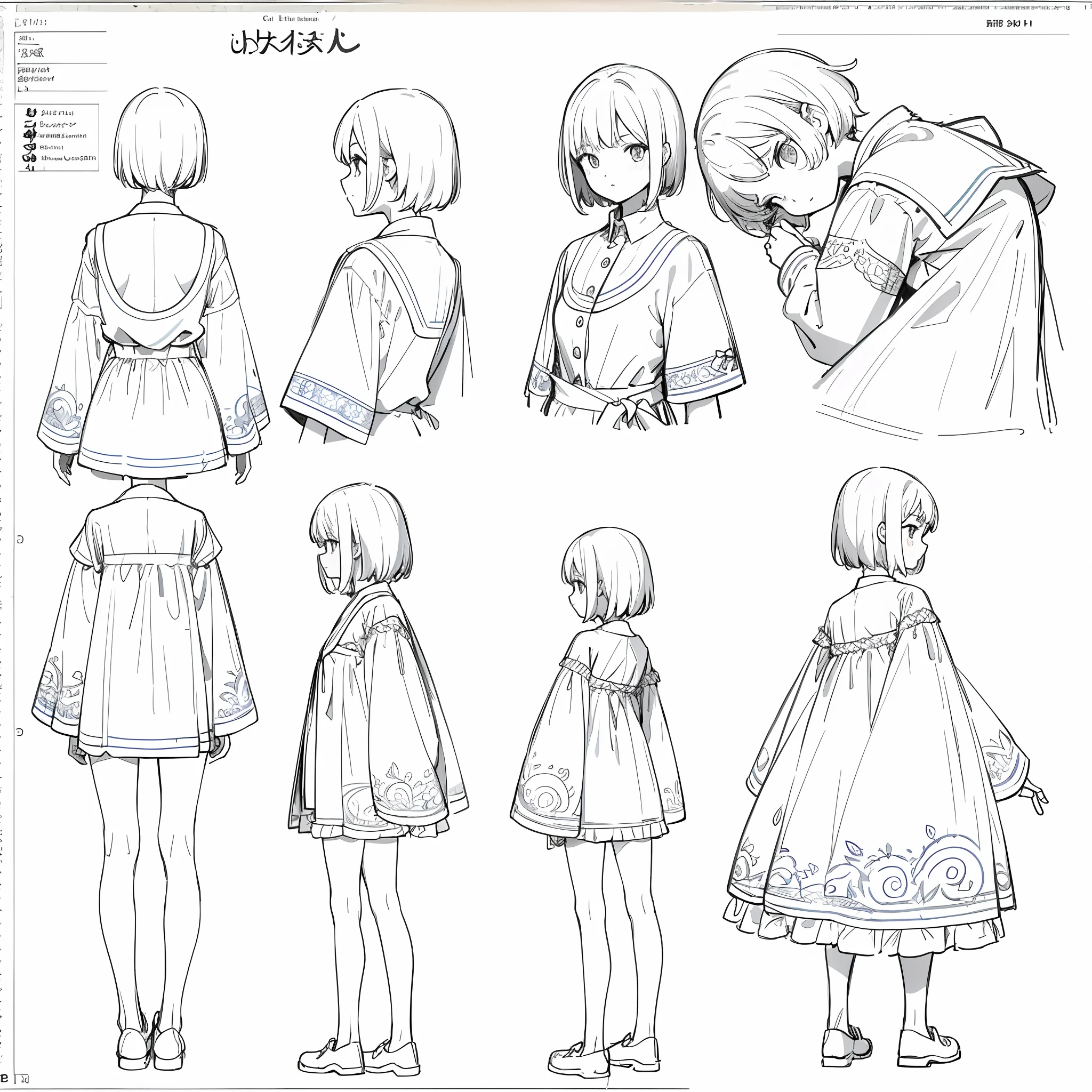 (masterpiece, best quality) detailed, girl, drawing reference, reference, lineart, sketch, short hair, (character design sheet, same character, front, side, back) sleeping clothes