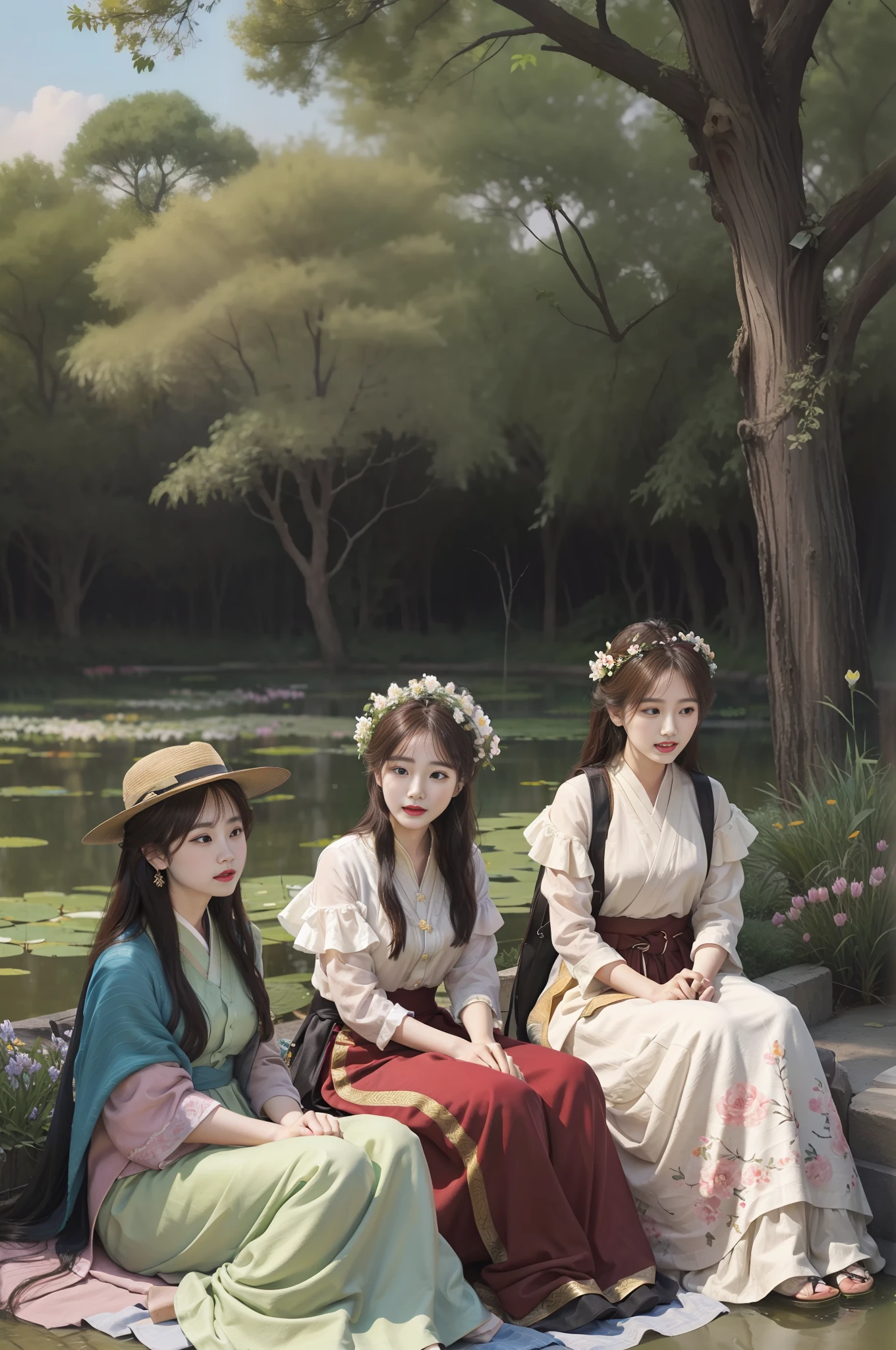 there are three women sitting on a blanket in the emperor's park,conversation,expression of joy,ancient tree,flowers ,birds,pond, oil painting,royal art