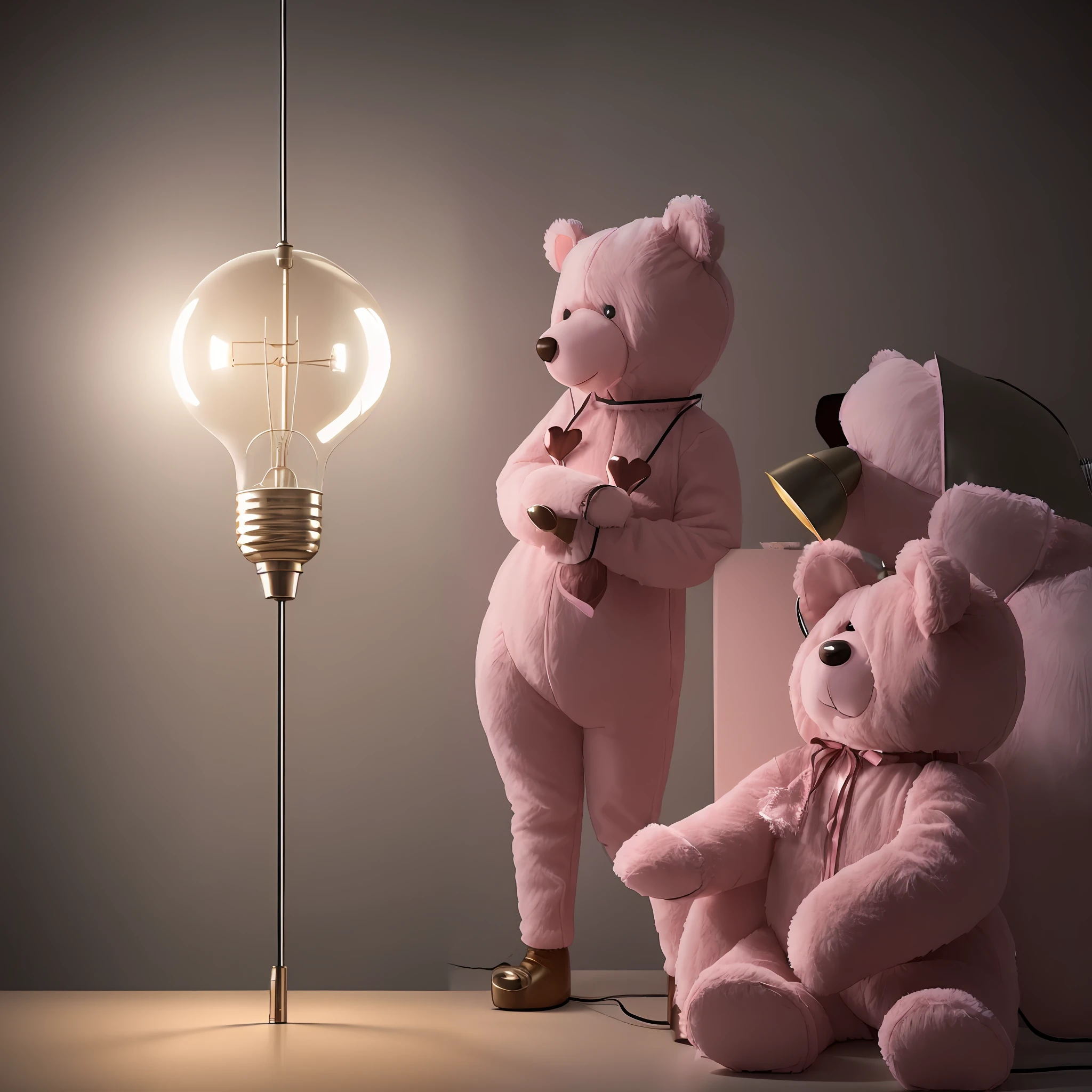 (((Just a person dressed as a pink teddy bear looking at the lamp)))), (((1 bear))), ultra realistic.