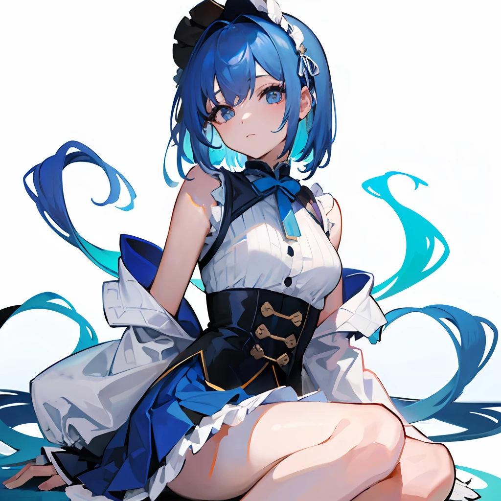 (Masterpiece: 1.2, Best Quality),高分辨率, a girl, cute face, short shoulder-length hair, blue gradient hair, Lolita, puffy skirt,绝对领域,吊带过膝袜,双手提起裙摆