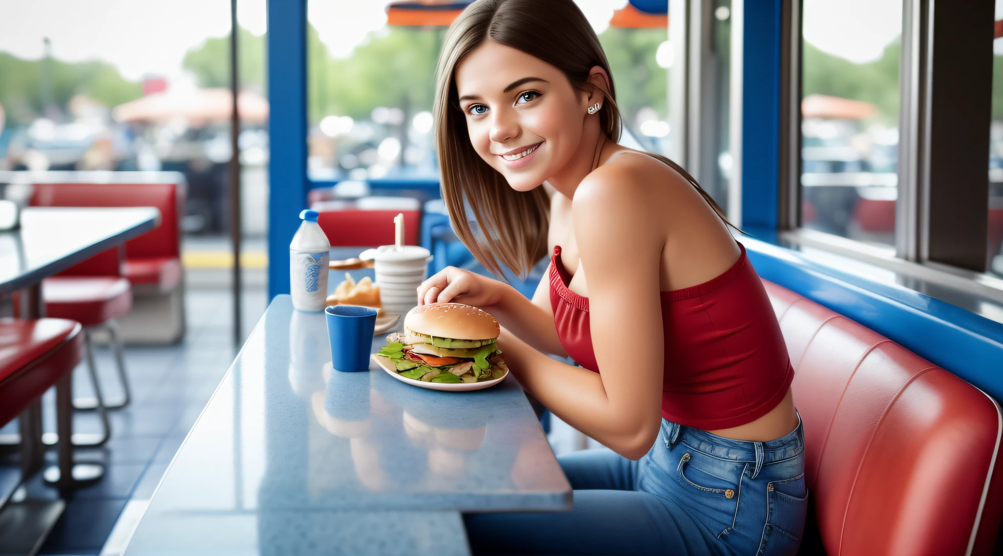 Realistic photo of a girl wearing a top, bare shoulders, jeans, sitting in a diner eating hamburger, cute, detailed face, detailed, highres, realistic, photorealistic, full body, smile, head to toe, legs, matte skin, pores, wrinkles. background with blue and red details, blurry --auto --s2
