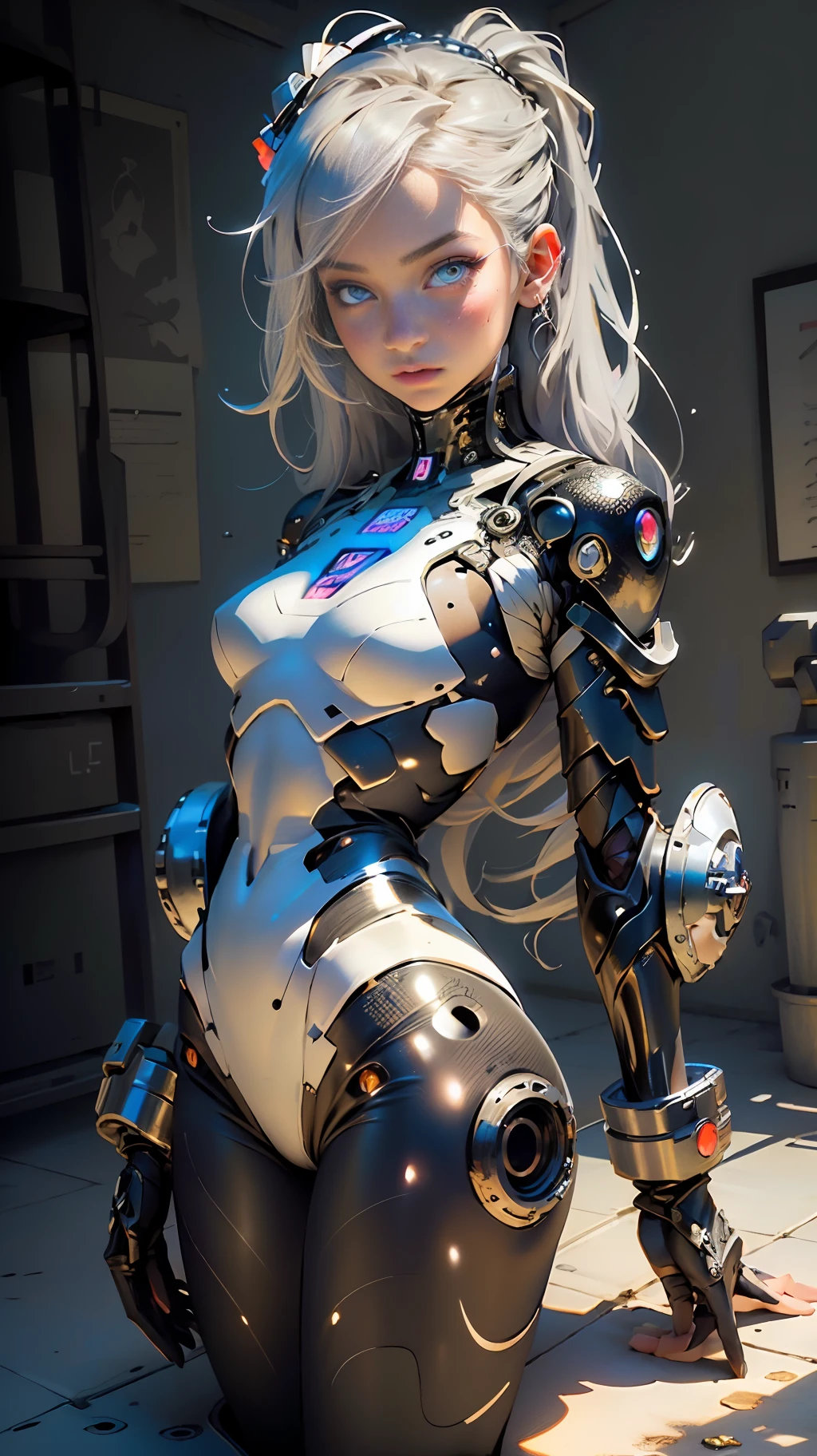 (Masterpiece), (Best Quality), Girl, ((Ultra Detailed)), (Highly Detailed CG Illustration), (Expressionless),, NSFW,(Masterpiece: 1.16), (Best Quality: 1.32), (meticulous_detail), (High resolution: 1.1), (Best lighting: 1.1), (Best shadow: 1.1), (Extremely delicate and beautiful), (Appropriate shadow: 1.1), (Illustration: 1.1), (Finish: 1.1), Overlap, (Appropriate pose), (Appropriate configuration), (Ultra precise_construction: 1.2), Crop, (Bold highlight outline), (Detailed face), (Beautiful eyes), (thick_dense_ skin: 1.16), (super precision skin: 1.16), Bold_eyelashes, (soft cheeks: 1), white background, 1 girl, Android girl, complex mechanism, gray hair, long hair, pink eyes, glowing eyes, feminine expression, off-the-shoulder suit, (abnormal joints, dotted joints: 1.2), thighs, decadent behavior, glowing joints