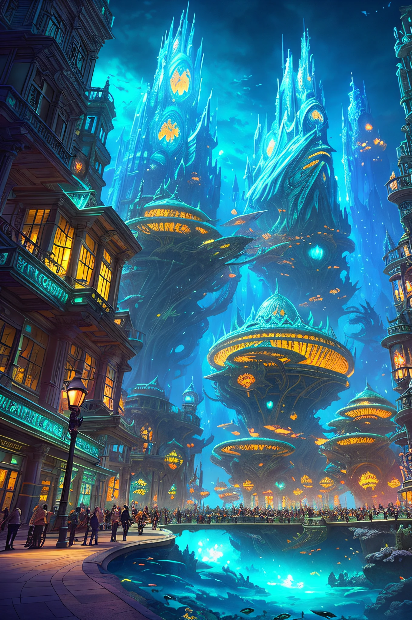 Fantasy concept art, a transparent building as a huge aquarium with fish at night, beautiful light decoration, wide angle lens, 8k octane rendering, realistic, epic shots, movie lighting, detailed architecture, detailed fish, brilliant and colorful