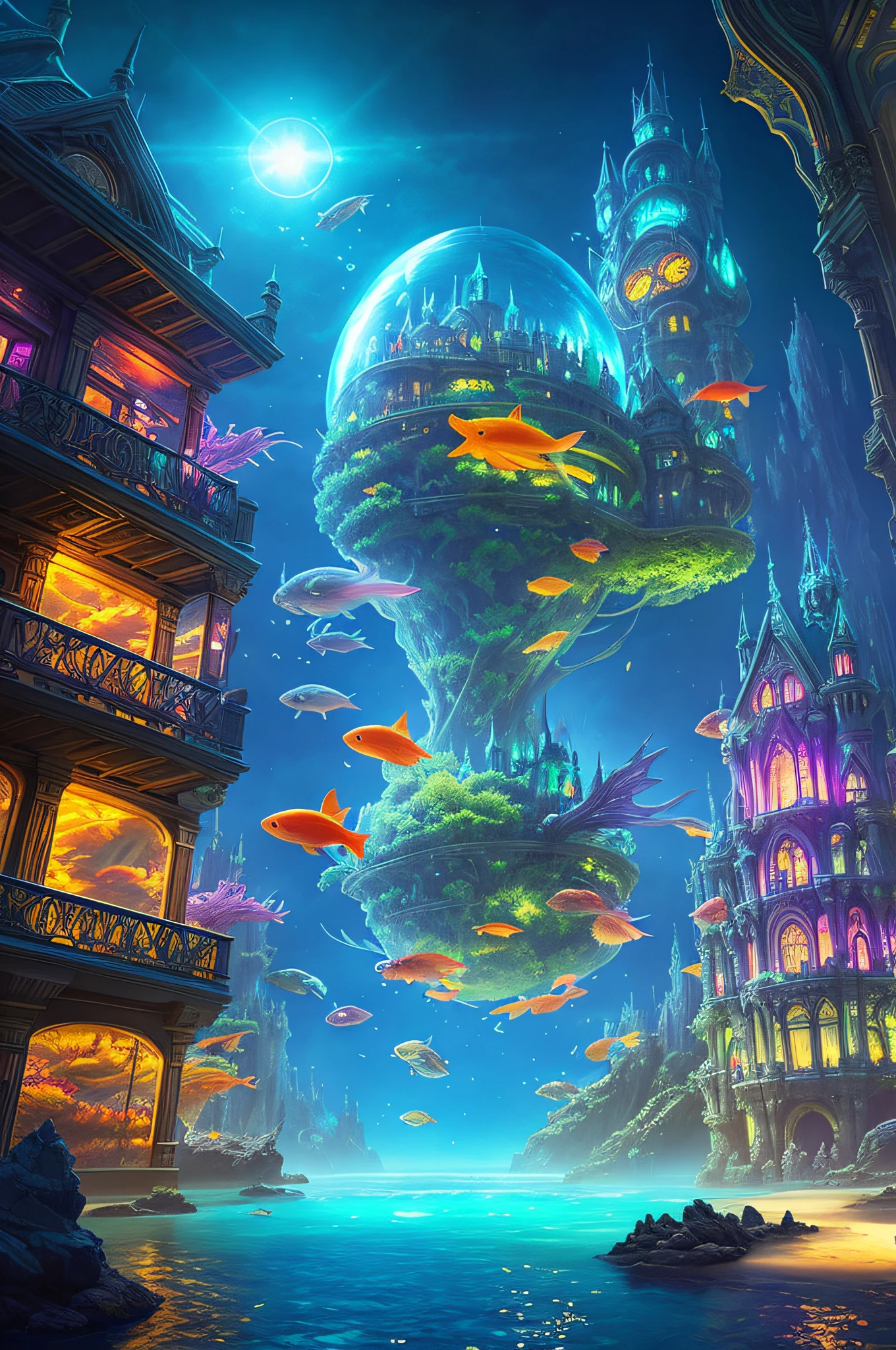 Fantasy concept art, a transparent building as a huge aquarium with fish at night, beautiful light decoration, wide angle lens, 8k octane rendering, realistic, epic shots, movie lighting, detailed architecture, detailed fish, brilliant and colorful