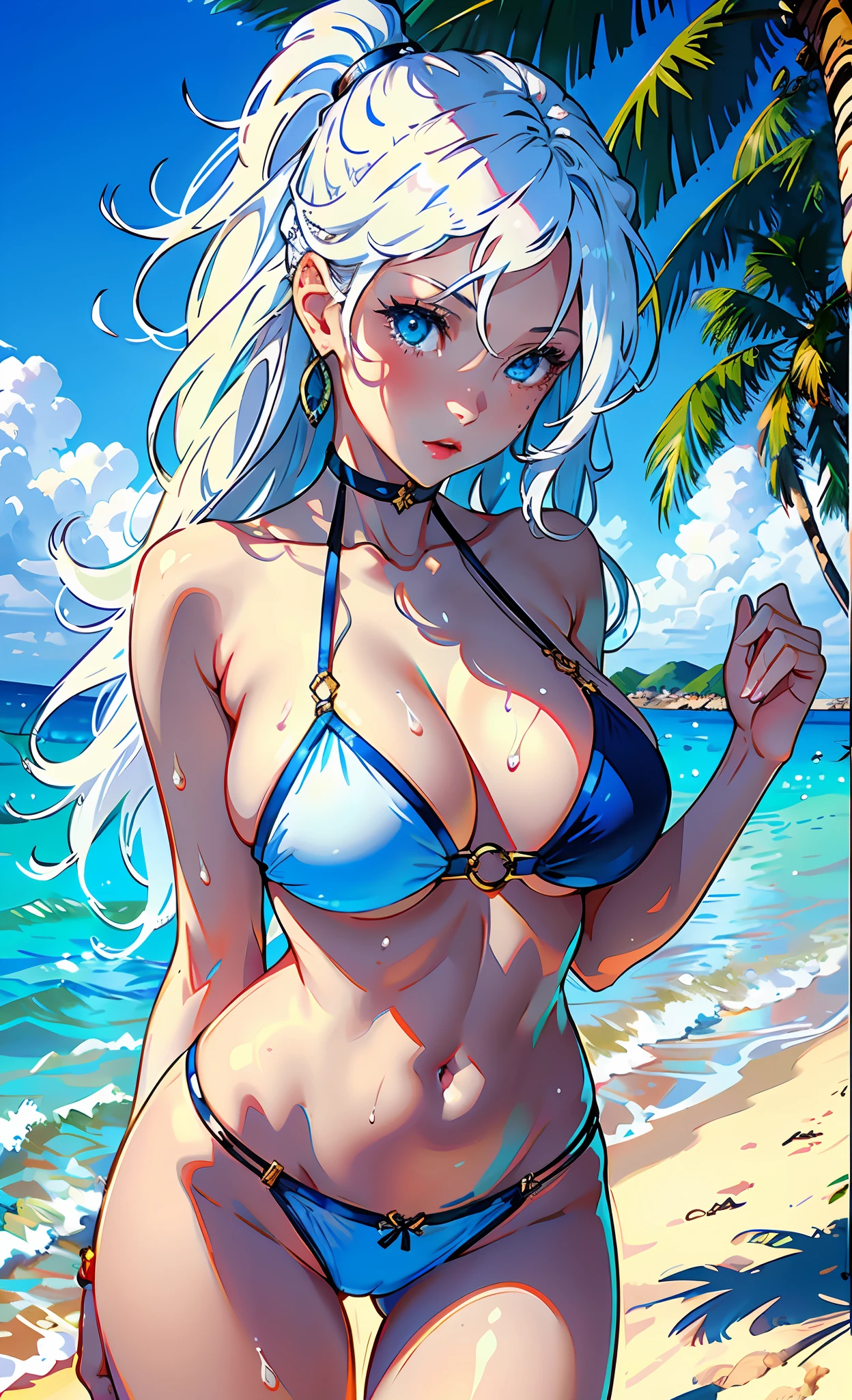 1 girl, beautiful eyes, masterpiece, best quality, good anatomy, white skin, 8k, white hair, long hair, loose hair, white bikini, beach, sun rising, water being reflected by the sun, big breasts, blue eyes,