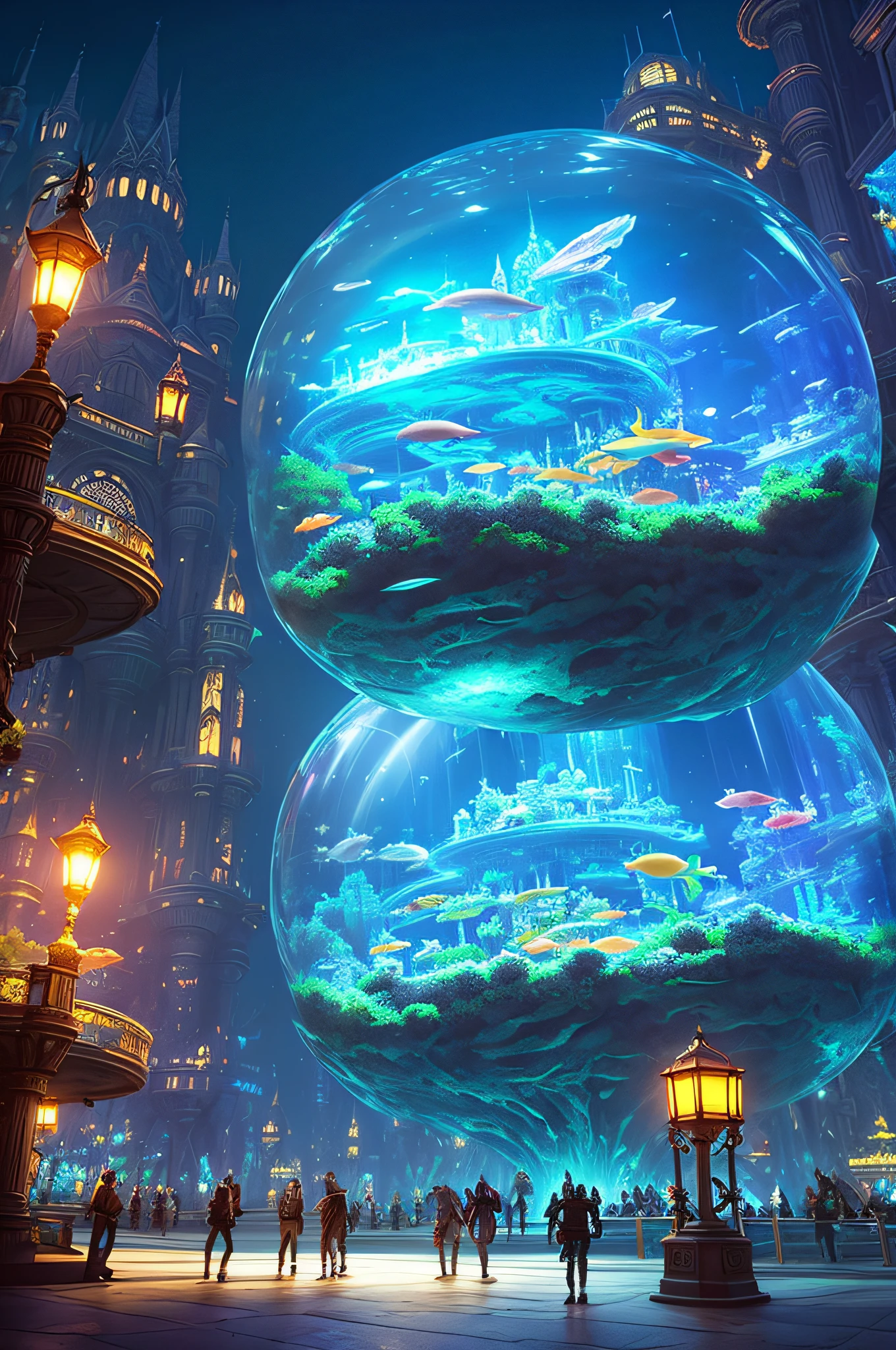 Fantasy concept art, a transparent building as a huge aquarium with fish at night, beautiful light decoration, wide angle lens, 8k octane rendering, realistic, epic shots, movie lighting, detailed architecture, detailed fish, brilliant and colorful
