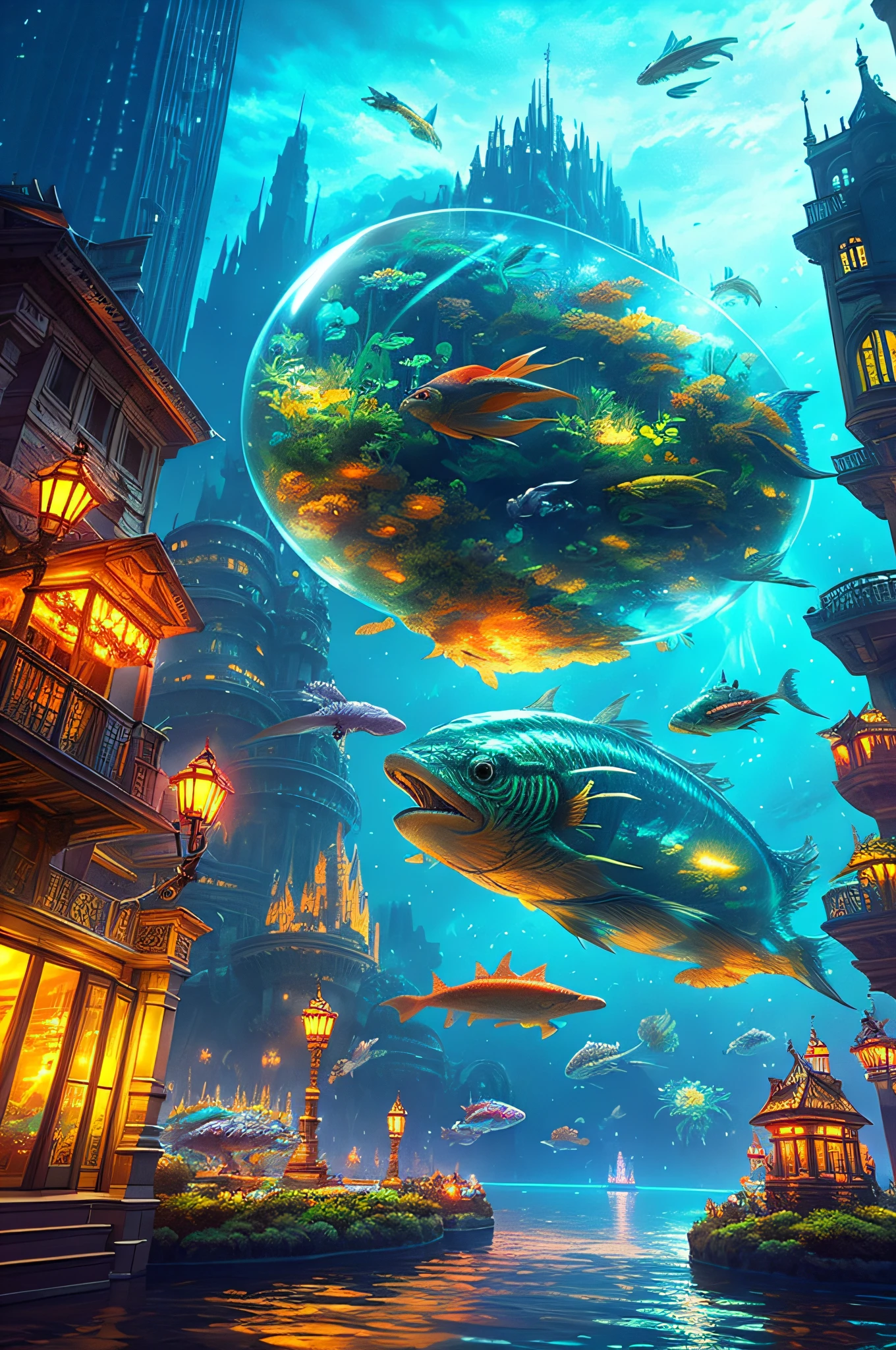 Fantasy concept art, a transparent building as a huge aquarium with fish at night, beautiful light decoration, wide angle lens, 8k octane rendering, realistic, epic shots, movie lighting, detailed architecture, detailed fish, brilliant and colorful