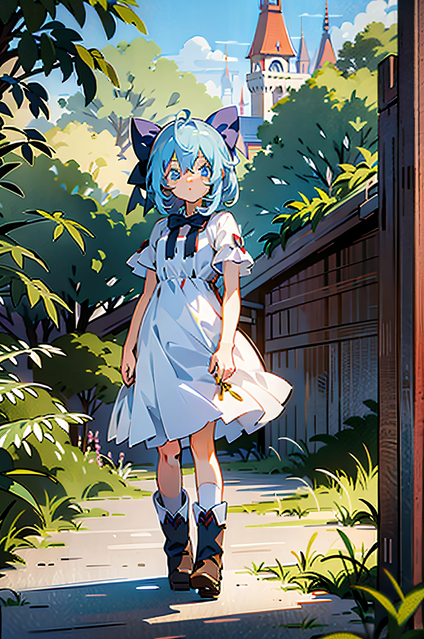 With a height of 110cm, she is dressed in a white clean dress, boots, blue hair, and the image of an innocent and cute young girl.