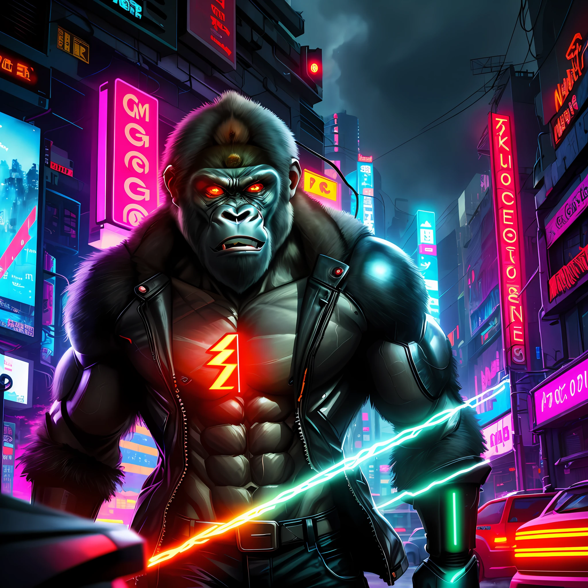 (best quality), Cyberpunk style masterpiece,(angry gorilla)cyborg head,red eyes,open chest,current,(smoke coming out of the nostrils+electrical noises),futuristic background with ruined city,torrential rain, lightning and thunder, neon lights.