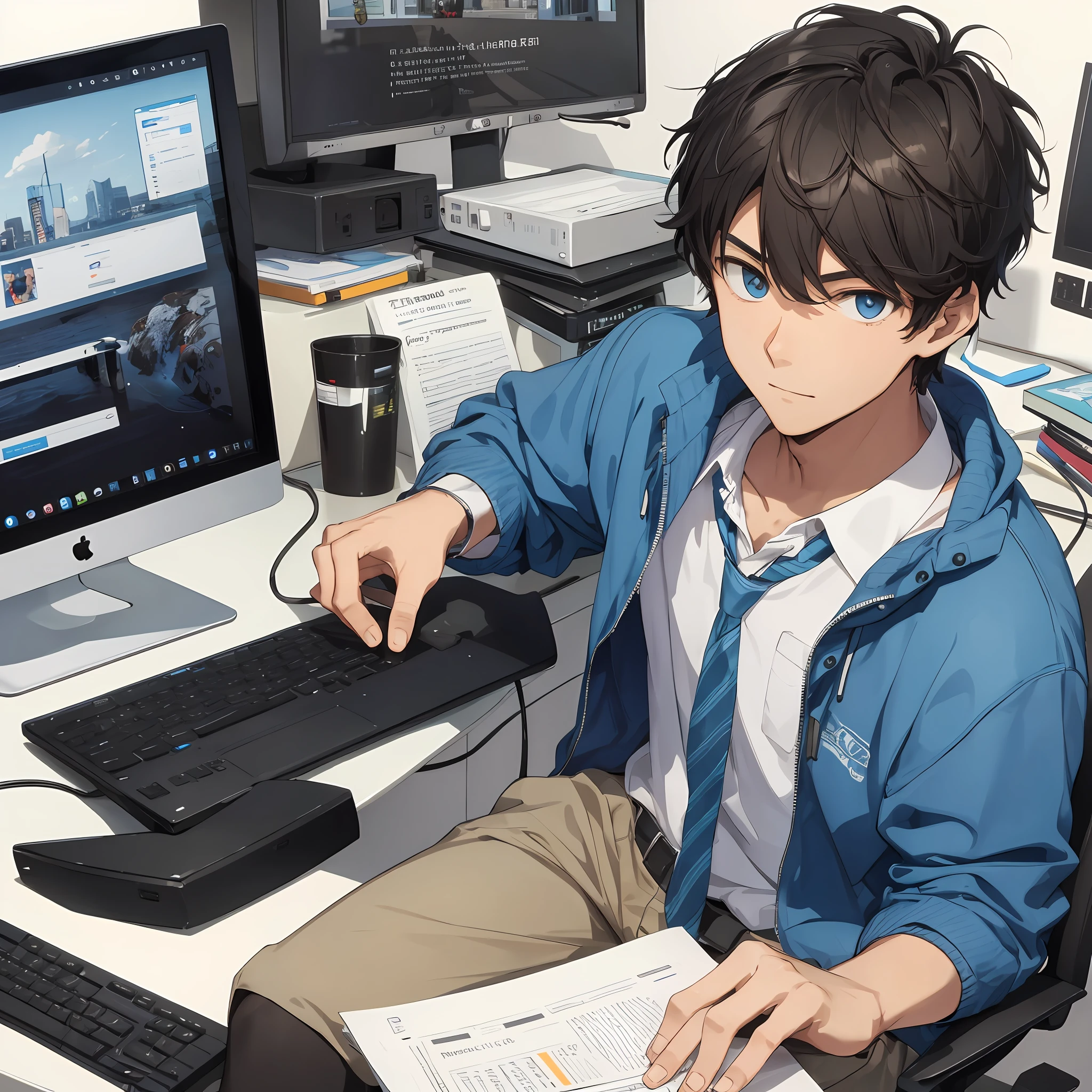 One, handsome high school boy, sitting in front of the computer, playing with the computer, eyes looking at the computer