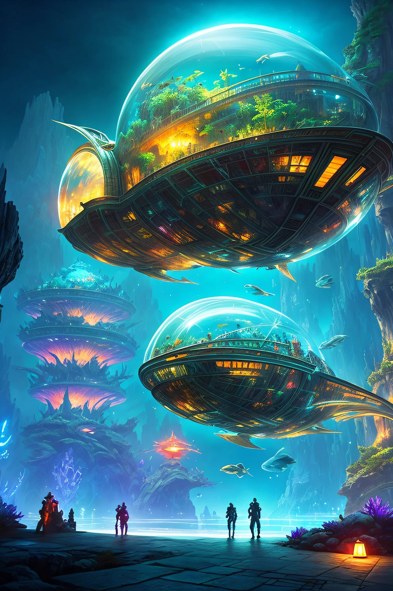 Fantasy concept art, a transparent building as a huge aquarium with fish at night, beautiful light decoration, wide angle lens, 8k octane rendering, realistic, epic shots, movie lighting, detailed architecture, detailed fish, brilliant and colorful