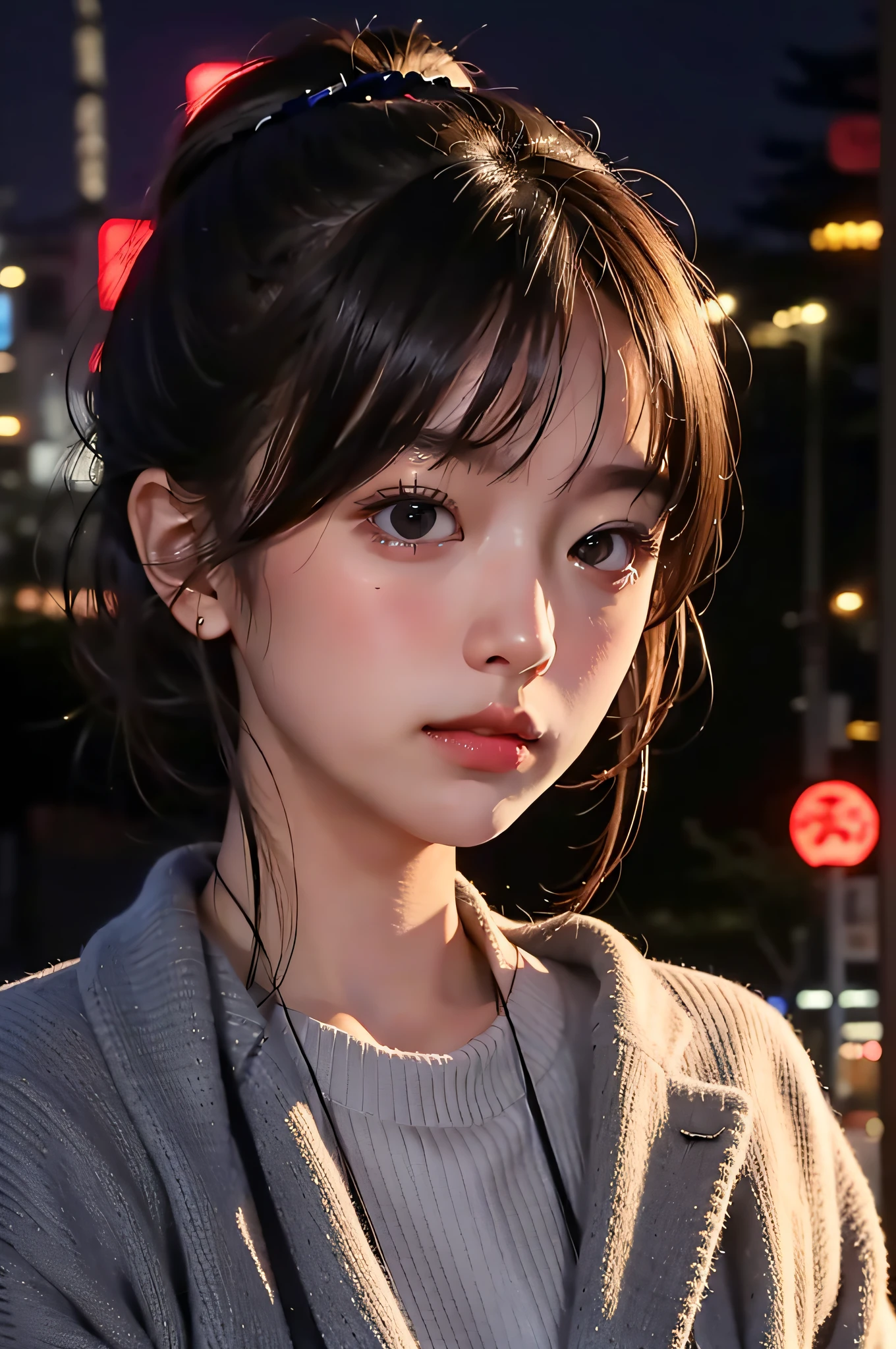 1girl, Tokyo street,night, cityscape,city lights, upper body,close-up, 8k, RAW photo, best quality, masterpiece,realistic, photo-realistic,