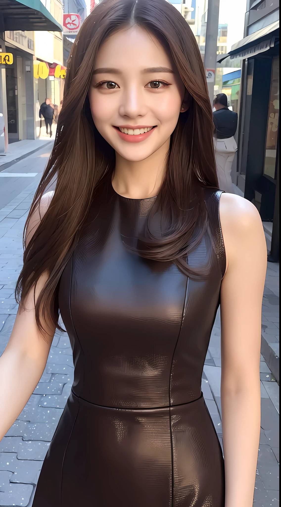 ((Best quality, 8k, Masterpiece :1.3)), 1girl, smiling, full body, slim face, Pretty woman, (Dark brown hair), full length dress :1.1, Ultra-detailed face, Detailed eyes, Double eyelid, blur background, slim face, city, outside, street,
