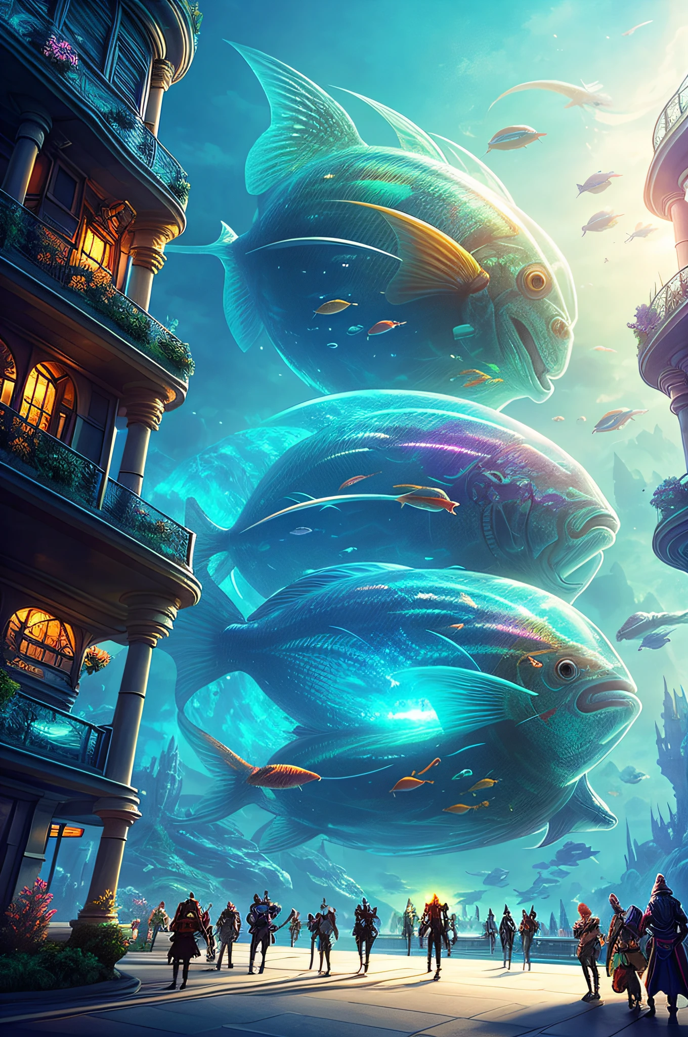 Fantasy concept art, a transparent building as a huge aquarium with fish at night, beautiful light decoration, wide angle lens, 8k octane rendering, realistic, epic shots, movie lighting, detailed architecture, detailed fish, brilliant and colorful