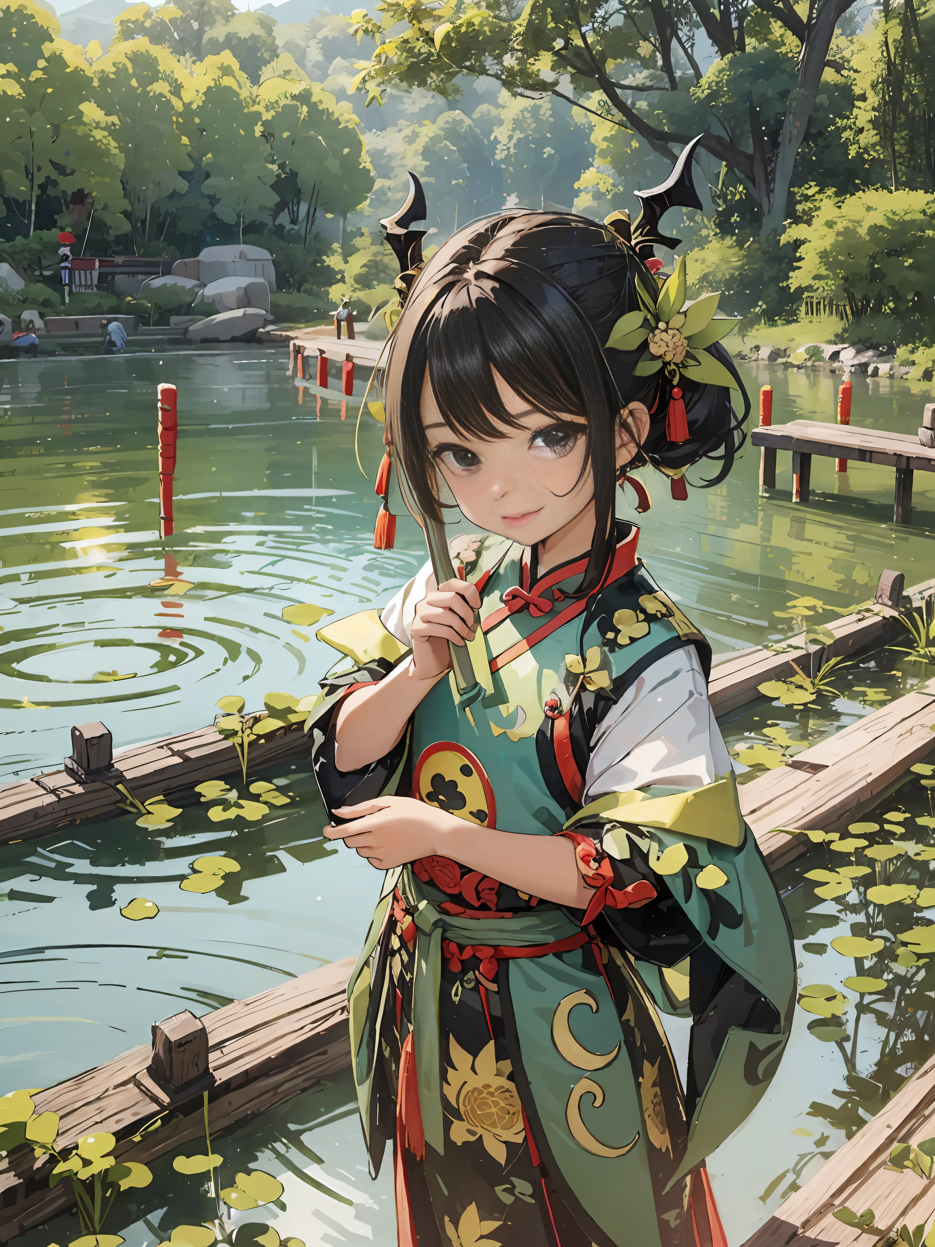 A cute young girl, Chinese style, Dragon Boat Festival atmosphere, zongzi, dragon boat