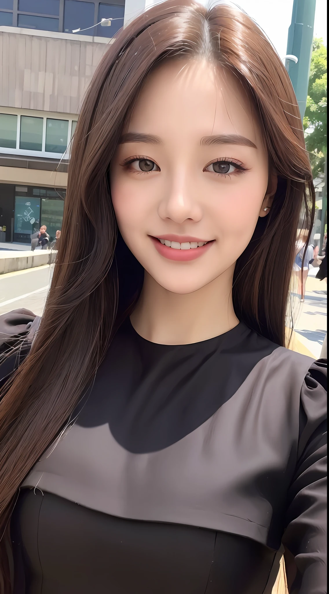 ((Best quality, 8k, Masterpiece :1.3)), 1girl, smiling, full body, slim face, Pretty woman, (Dark brown hair), full length dress :1.1, Ultra-detailed face, Detailed eyes, Double eyelid, blur background, slim face, city, outside, street,