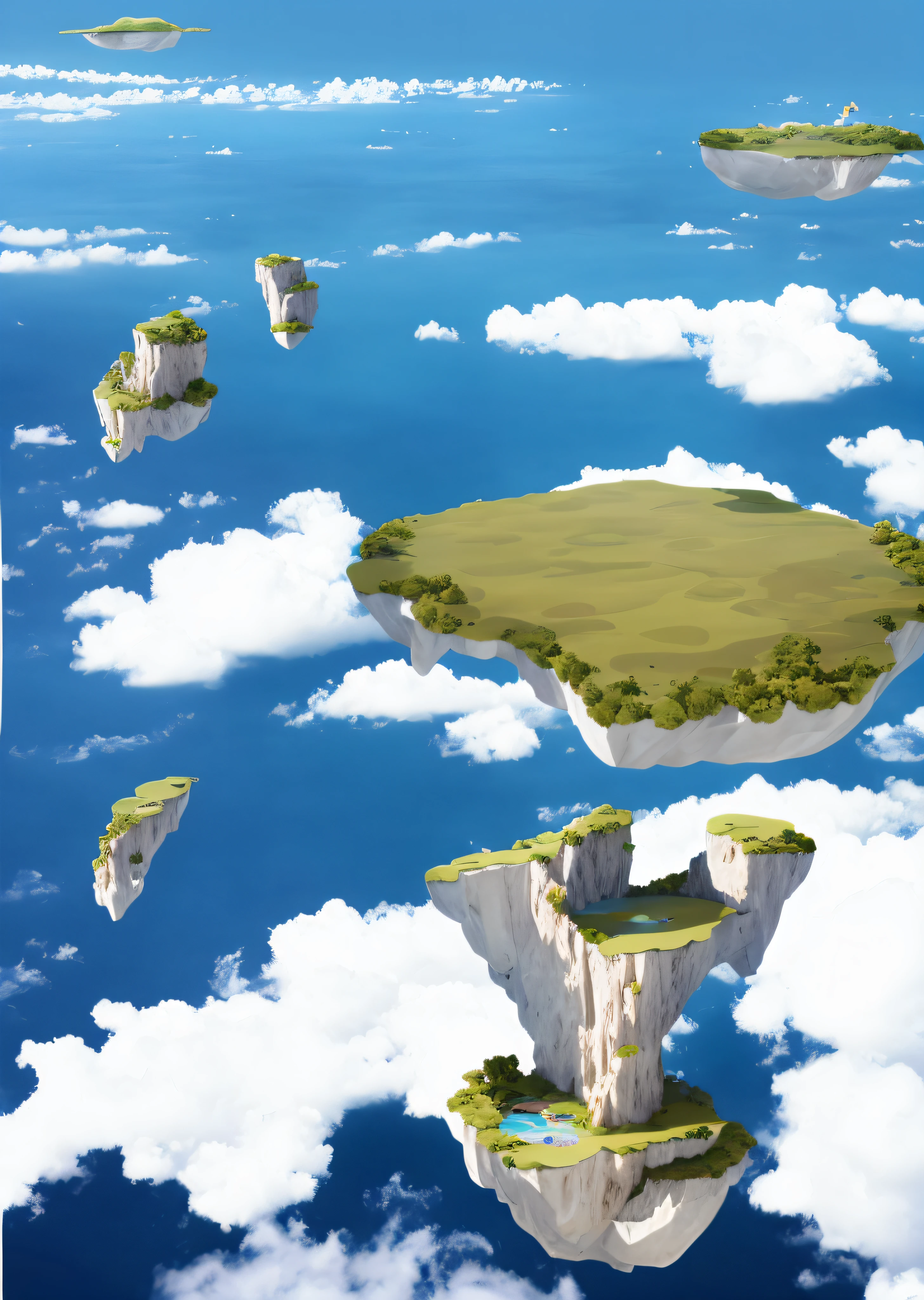 there are many floating islands in the sky with clouds, flying islands, flying island in the sky, flying island, floating and flying island, island floating in the sky, floating lands in-clouds, floating island in the sky, an island floating in the air, floating islands, floating mountains, isometric island in the sky, flying rocky island, floating island