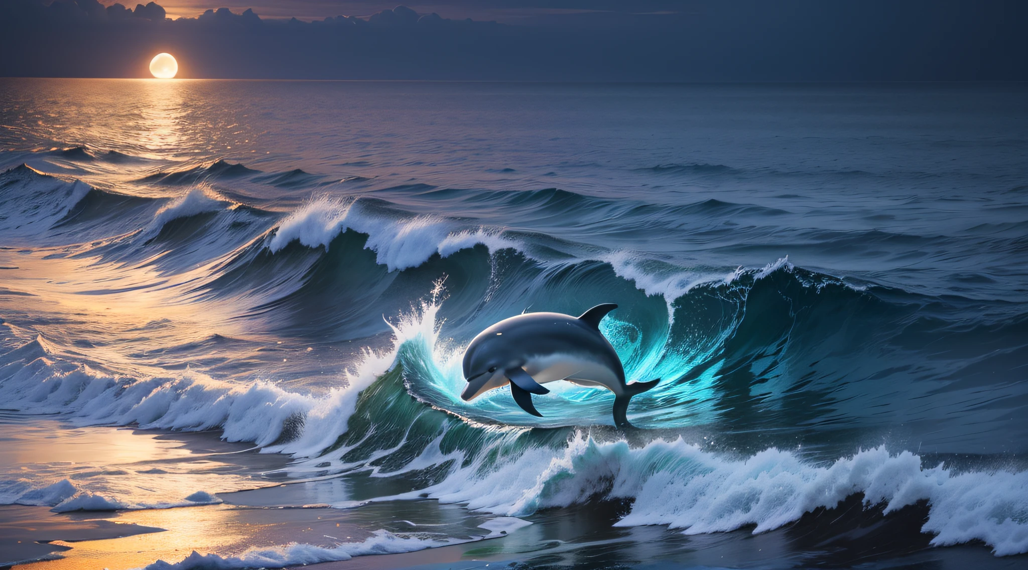 The dolphin jumps out of the sea, the moon is on the horizon at night, and the hue is dark blue --auto --s2