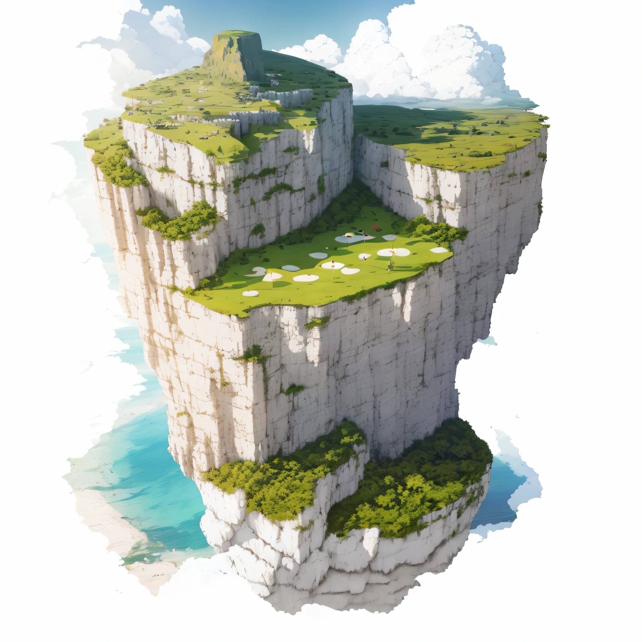 there is a small island with a golf course on it, isometric island in the sky, over a chalk cliff, aerial illustration, cliffside, high cliff, floating mountains, floating and flying island, cliff, an island floating in the air, flying island, floating island in the sky, flying island in the sky, island with cave, floating island