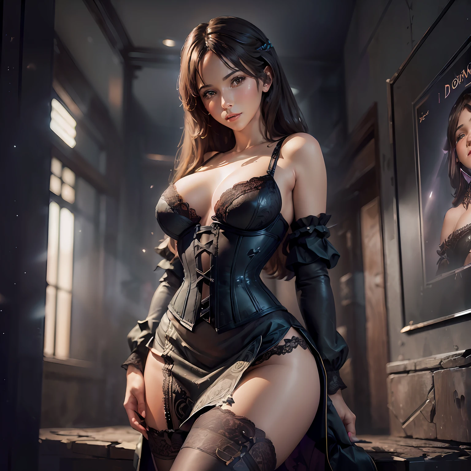 (front focus), (in the dark:1.6), Hyperrealist portrait of female by david hockney and alphonse mucha, cleavage big breasts:1.2, (mini skirt:1,5) , fantasy art, photo realistic, dynamic lighting, artstation, poster, volumetric lighting, very detailed faces, 4 k, award winning, 1girl, in the dark, deep shadow, low key, full body shot, sexy, (sexy lace clothing:1.4), dress, corset, looking at viewer, makeup, lipstick, stockings, heels, indoors, long hair, black hair --auto --s2