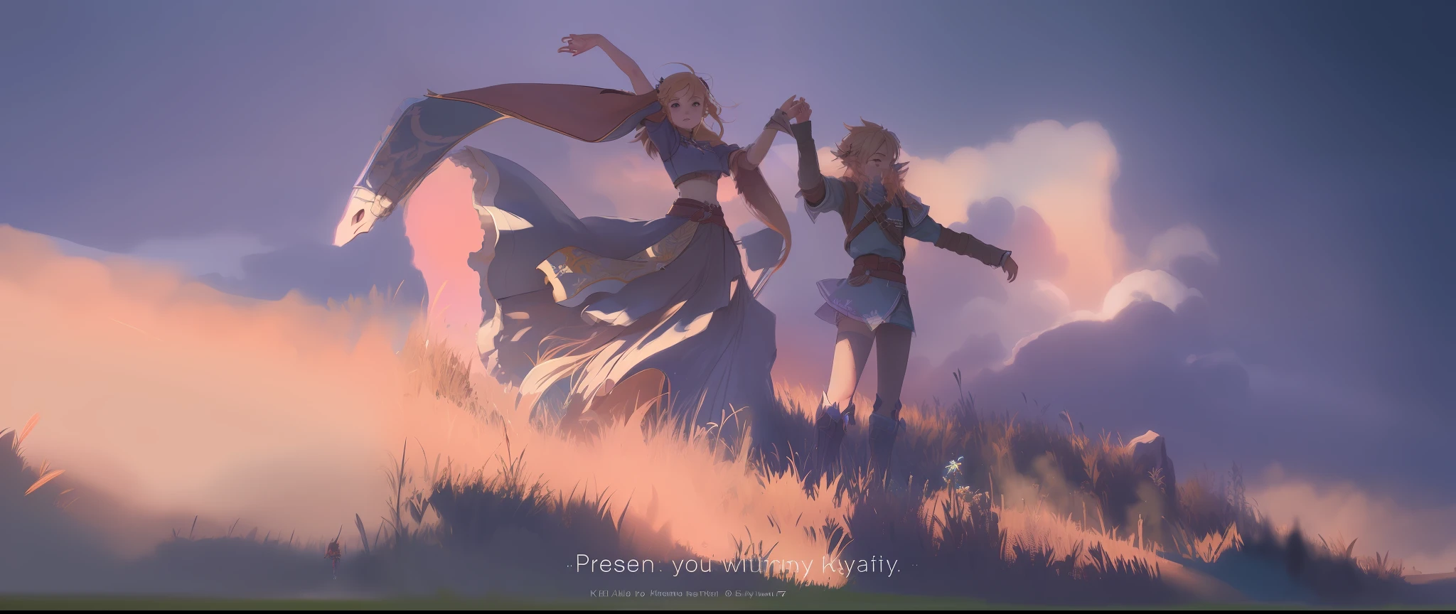 anime characters in a field of tall grass with a sky background, botw style, highly detailed exquisite fanart, zerochan art, botw, high quality fanart, expressing joy. by krenz cushart, from bravely default ii, artwork in the style of guweiz, zelda and link, guweiz on pixiv artstation