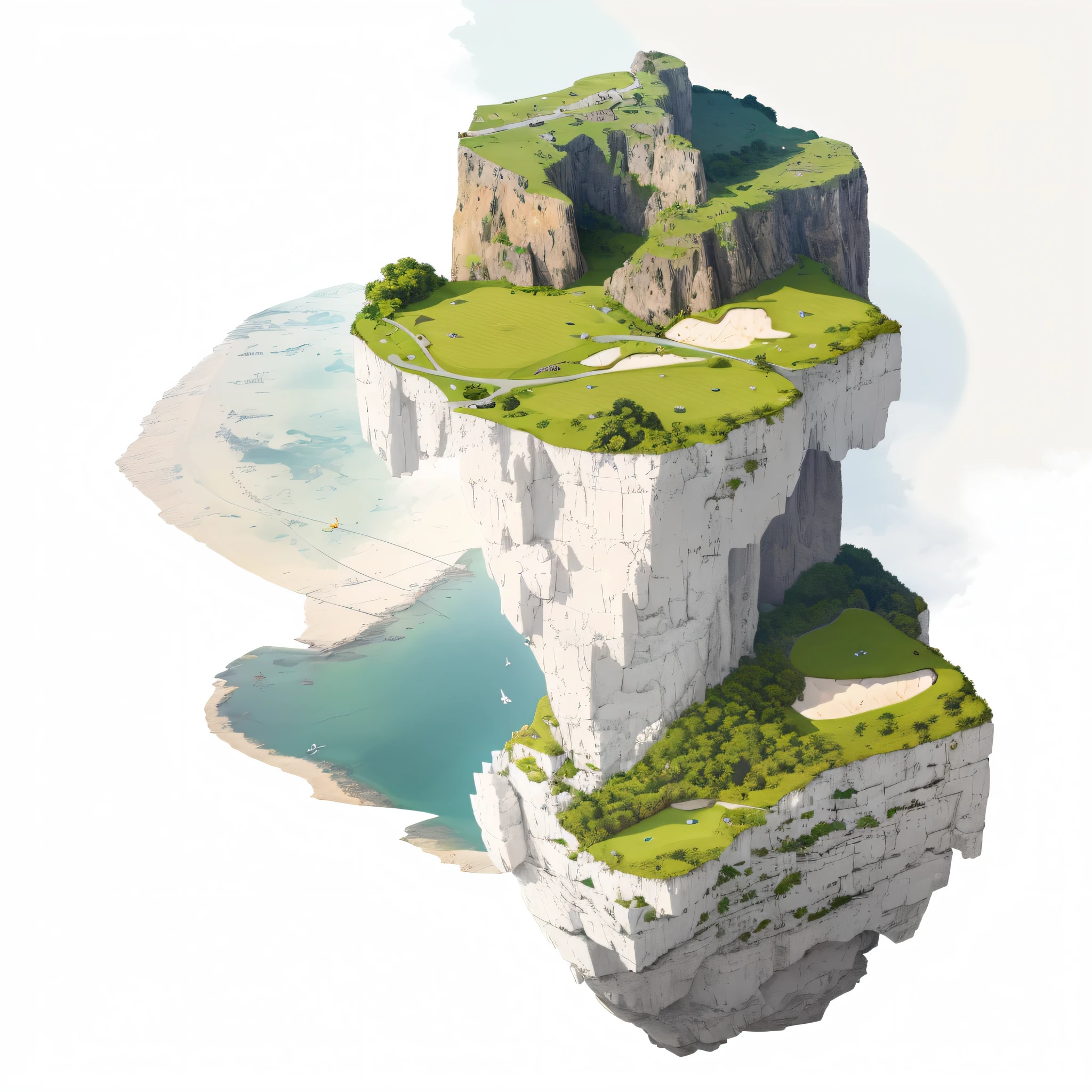 there is a small island with a golf course on it, isometric island in the sky, over a chalk cliff, aerial illustration, cliffside, high cliff, floating mountains, floating and flying island, cliff, an island floating in the air, flying island, floating island in the sky, flying island in the sky, island with cave, floating island