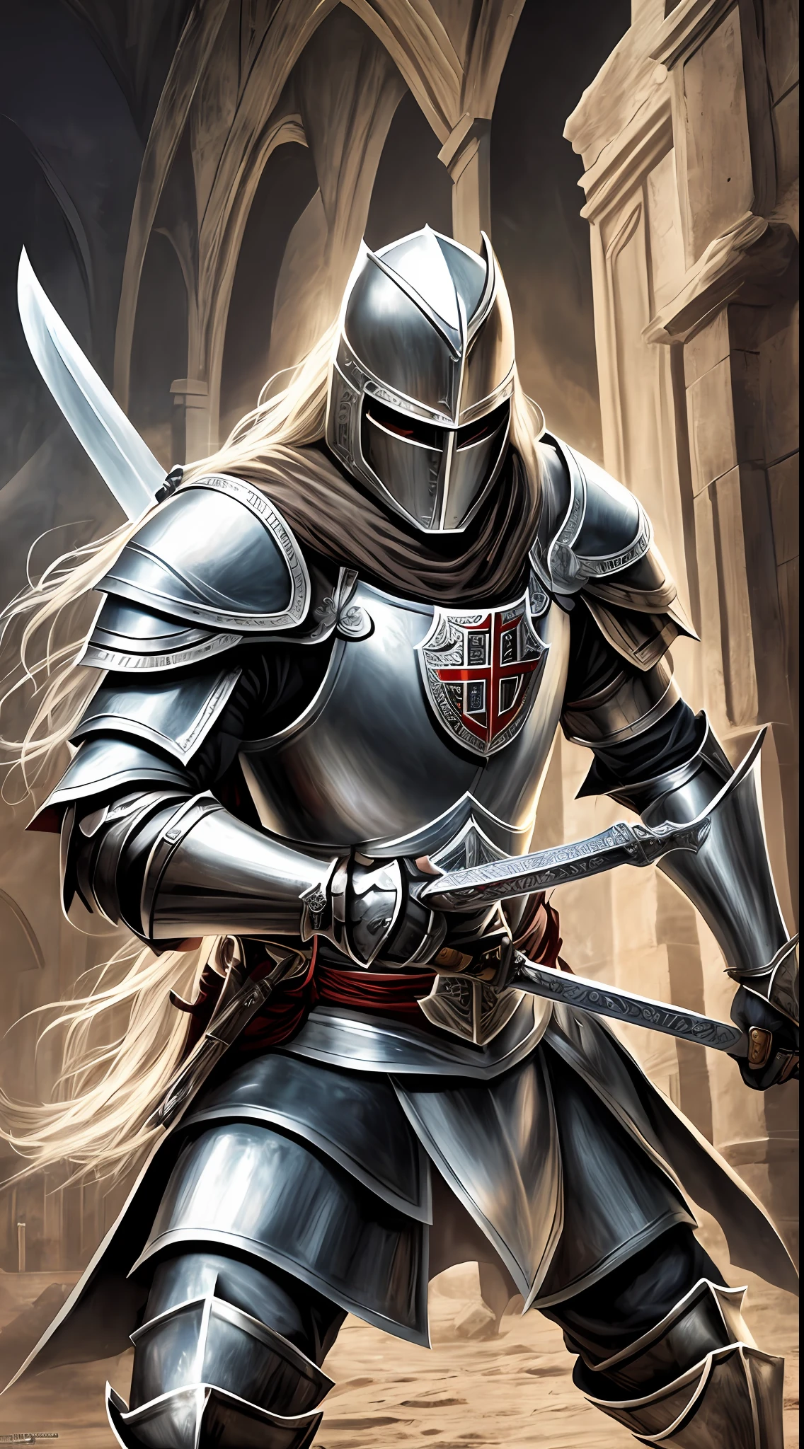 A fearless Knight Templar brandishes his sword on a chaotic battlefield. Dressed in shining armor, he is the symbol of courage and devotion. Sunlight reflects off his armor as he advances mercilessly against his opponents. His facial expression shows an unwavering determination, and his posture reveals skill and dexterity in the art of war. Amid the chaos, the Knight Templar stands out as a true protector of faith and justice. --auto --s2