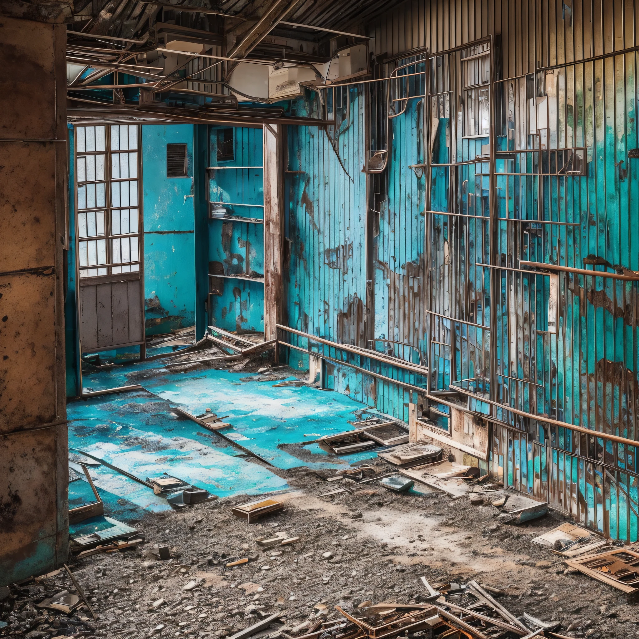 Abandoned house, Dojunkai apartment surreal and very detailed illustrations, external perspective, images with objects very loaded, perspective from below, dirty cement stairs with cracks, green trash cans, metal signs, cables, poles, pastel blue telephone boxes, rusty pipes, wall pipes, electricity meters, gray and dark walls, empty boxes, old paper on the floor, painted damaged walls, Metal and rusty scrap, mechanical parts (rusty, brown), very detailed advertising on neon walls, spotlight lights (very shining blue light), artificial and sterile environments, very dark nights, fog and rather thick smoke, very dark landscape shadows, red and green neon lights, snow falling all over the landscape at night, damp, puddles reflecting dim ambient light, wooden, exterior, building --auto --s2