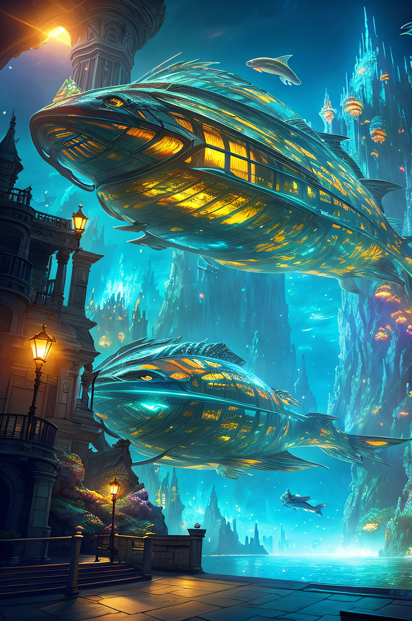 Fantasy concept art, a transparent building as a huge aquarium with fish at night, beautiful light decoration, wide angle lens, 8k octane rendering, realistic, epic shots, movie lighting, detailed architecture, detailed fish, brilliant and colorful