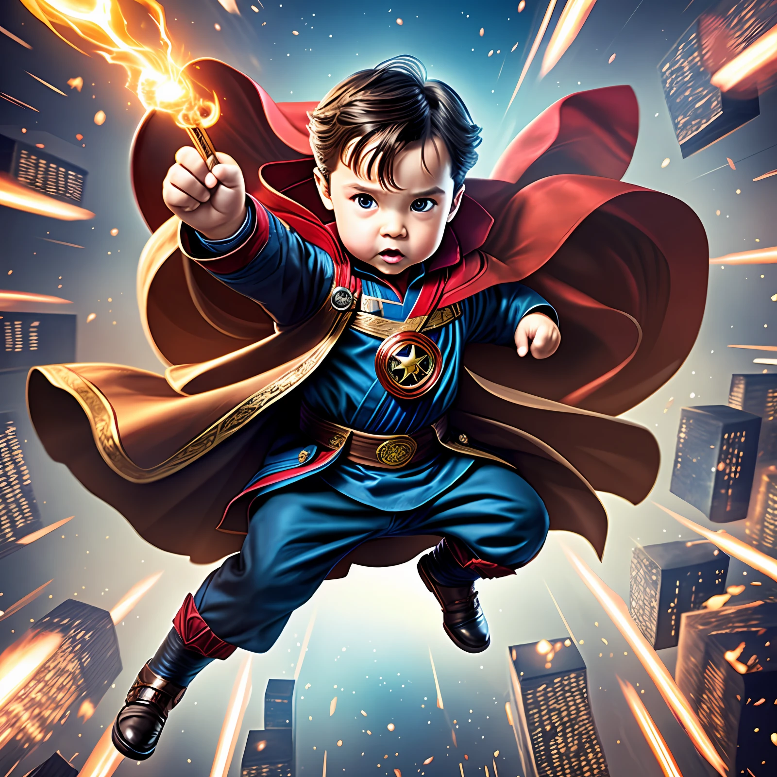A , 3 years old,, brown hair, chubby, angry, Doctor Strange clothes and cape, flying in the air, fighting stance, casting magic, magic aperture, action scene, best quality --auto --s2
