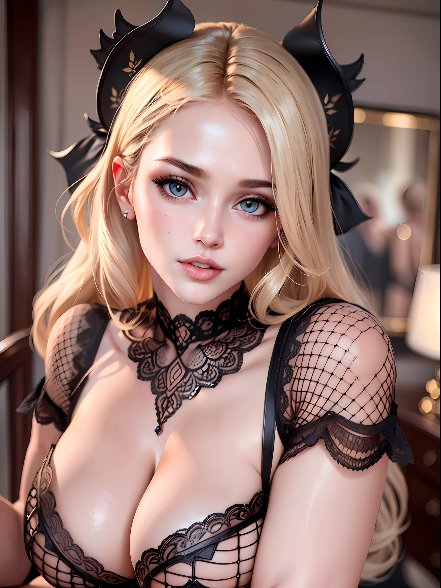 close to face, best quality, highres, hires, skin definition, detailed skin, detailed eyes, detailed face, (Caucasian:1.5), lifelike, ((AV model)), 4k, 8k, (photorealistic:1.5), realistic, uhd, beautiful, bimbo, perfect makeup, ((black lingerie, sexy bra, fishnet stockings, garter belt, high heels)), (huge breasts:1.25), huge tits, cleavage, curvy, busty, hourglass figure, 1girl, solo, sexy pose, upper body, beautiful face, Caucasian, nsfw, portrait