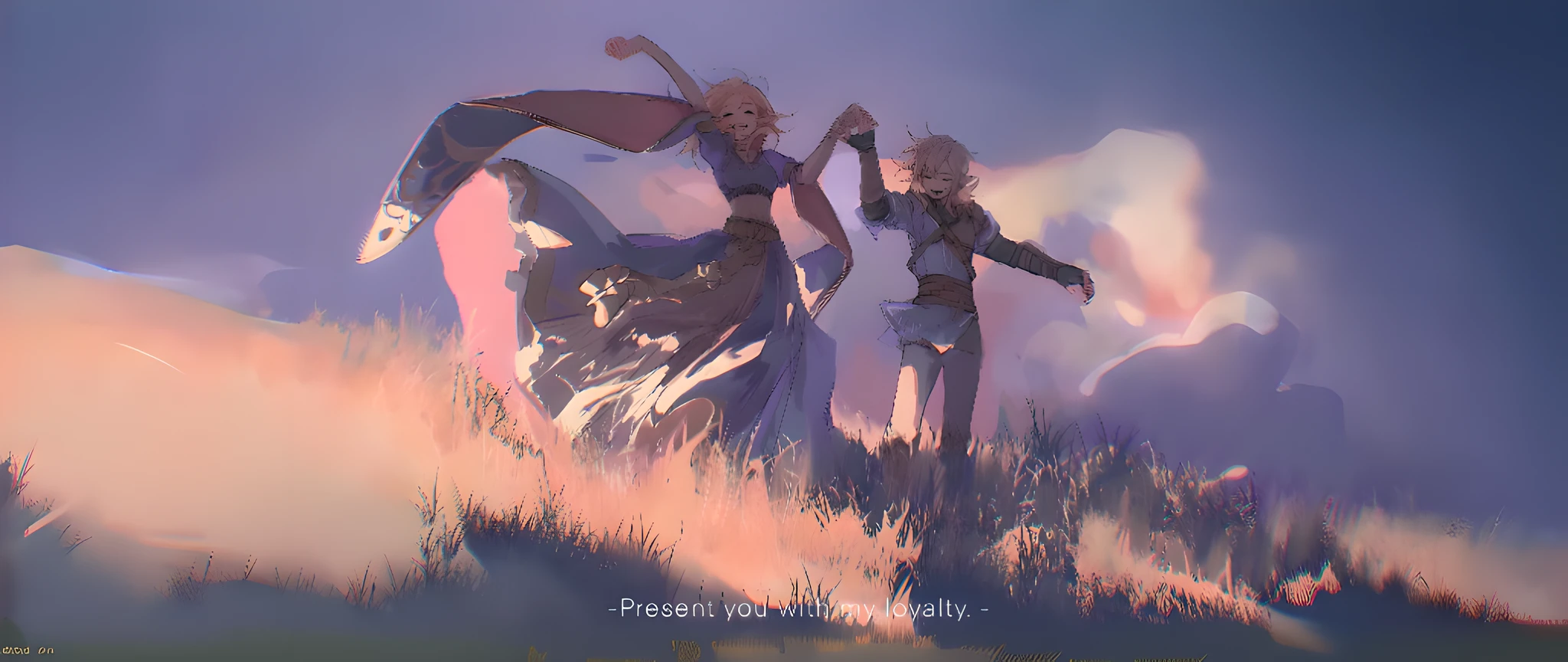 anime characters in a field of tall grass with a sky background, botw style, highly detailed exquisite fanart, zerochan art, botw, high quality fanart, expressing joy. by krenz cushart, from bravely default ii, artwork in the style of guweiz, zelda and link, guweiz on pixiv artstation