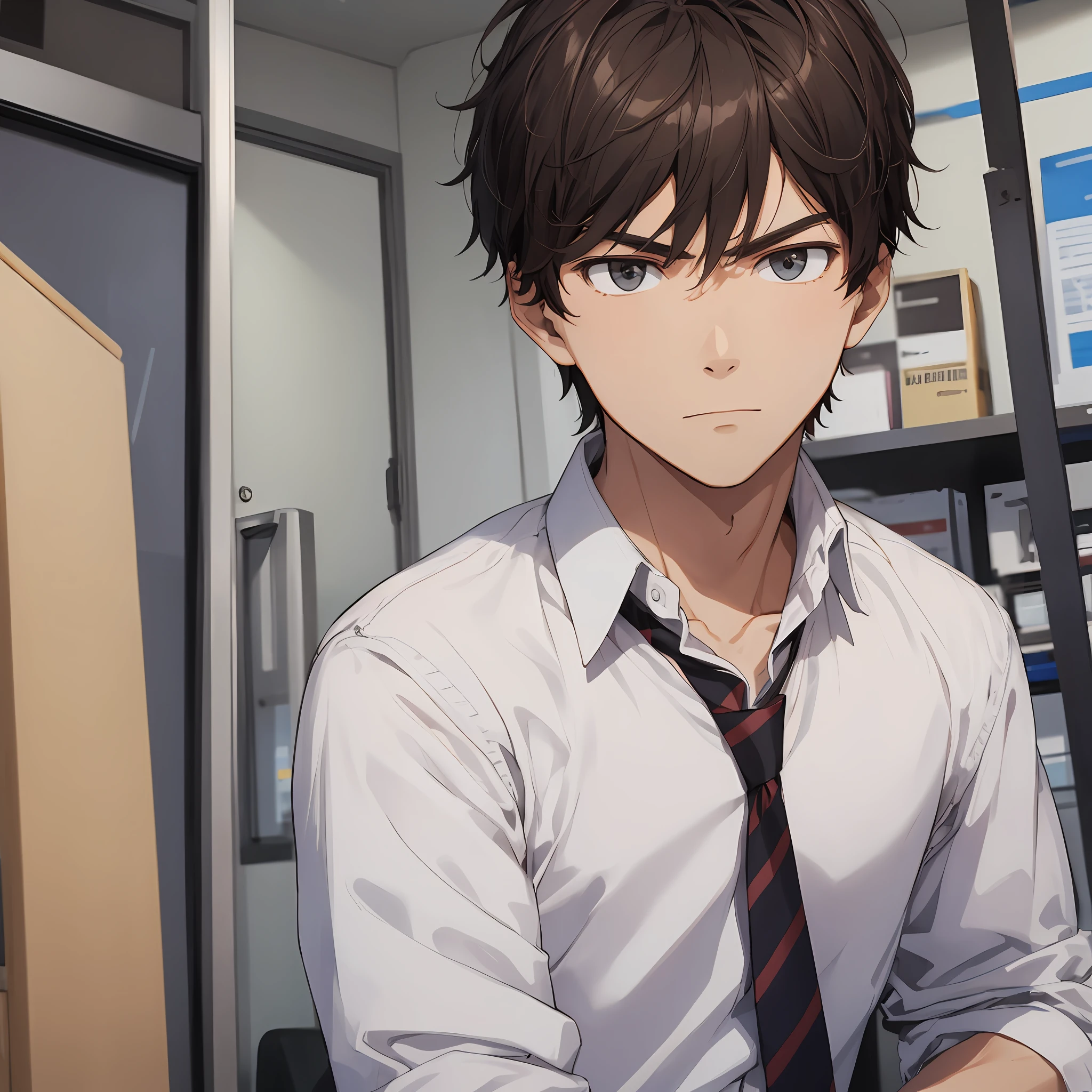 One, handsome high school boy, standing in the room, serious expression, close-up