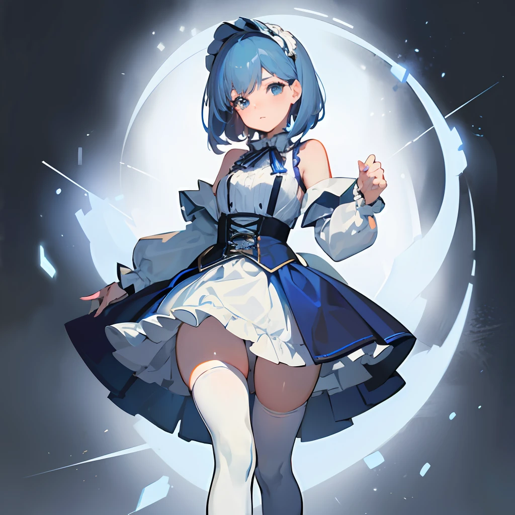 "Masterpiece: 1.2, Best Quality), high resolution, a girl with a cute face, short shoulder-length hair and blue gradient hair in Lolita style with puffy skirt, absolute territory (exposed thighs between the skirt and over-the-knee socks), white suspender stockings, holding up the hem of her skirt with both hands."