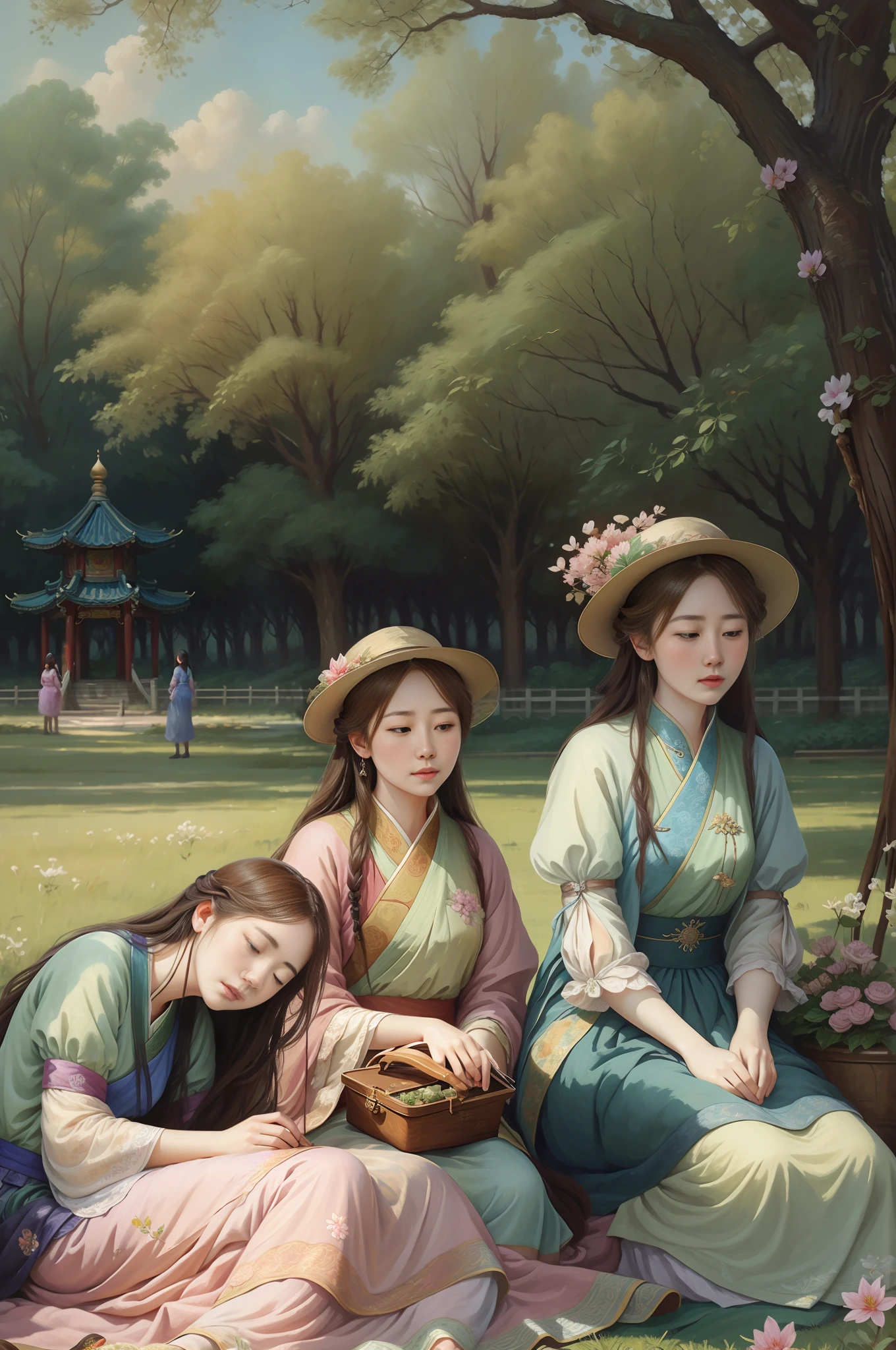 there are three women sitting on a blanket in the park,taking an afternoon nap,expression of beneign,靠在树上, oil painting,impressionalism