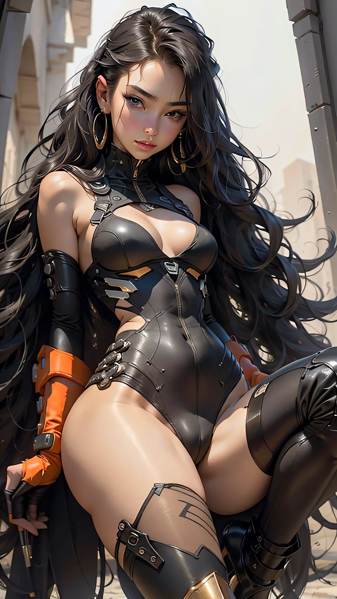 8k, highest quality, a beauty, close-up portrait, long black wavy hair, defined body, big breasts, slender legs, wearing delicate earrings, black open-chest high-forked combat suit, (camel toe), black pantyhose, high heels