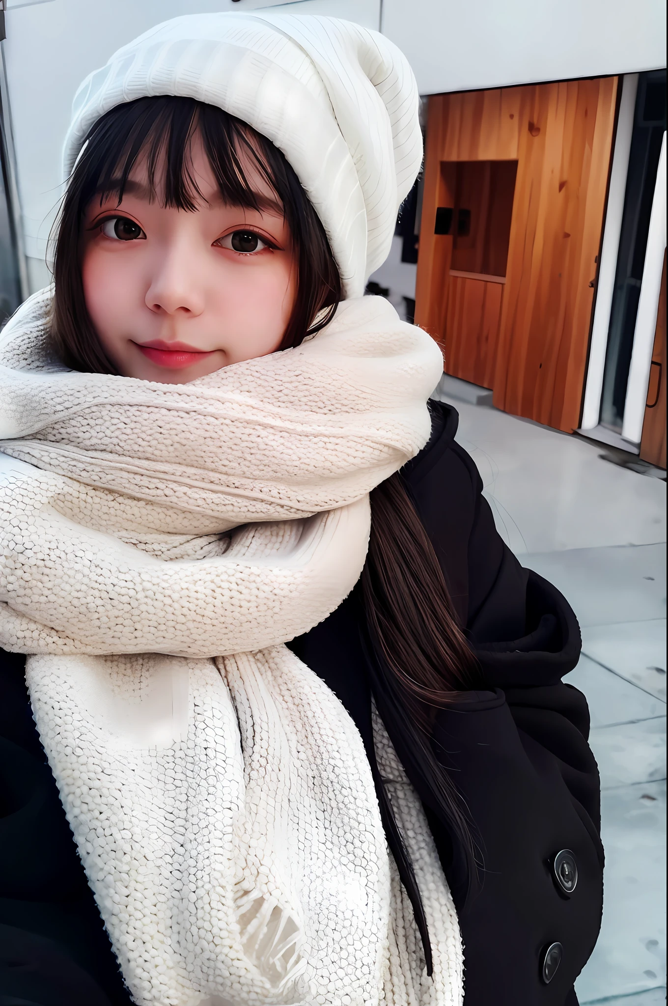 Masterpiece, best quality, 1girl, solo, brunette hair, scarf, hat, realistic, look at the audience, black eyes, long hair, coat, winter clothes, white scarf, lips, bangs, outdoors, shut up, upper body